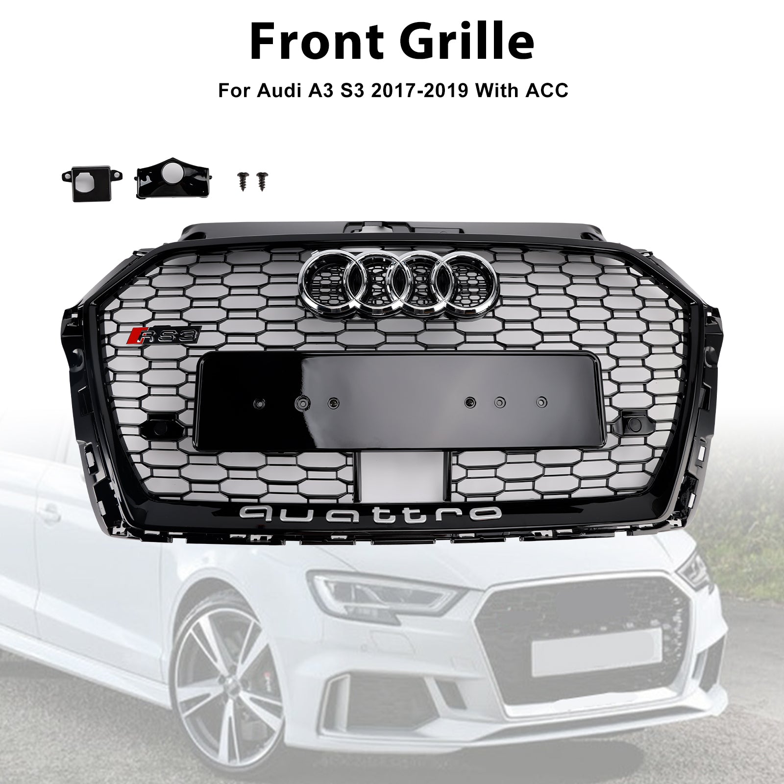 2017-2019 Audi A3 S3 W/ACC RS3 Grade da grade frontal do Honeycomb estilo RS3 Black