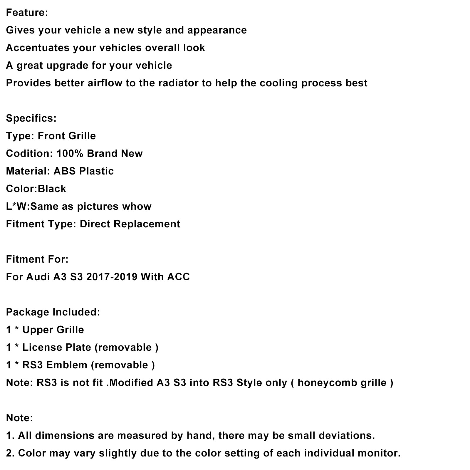 2017-2019 Audi A3 S3 W/ACC RS3 Grade da grade frontal do Honeycomb estilo RS3 Black