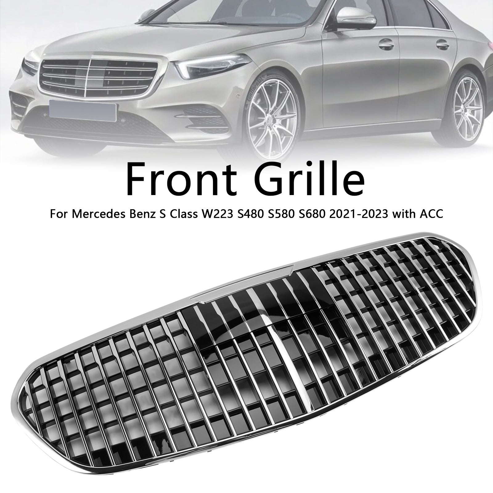 Mercedes Benz Classe S 2021-2023 W223 S480 S580 S680 + Grade do para-choque dianteiro cromada com ACC