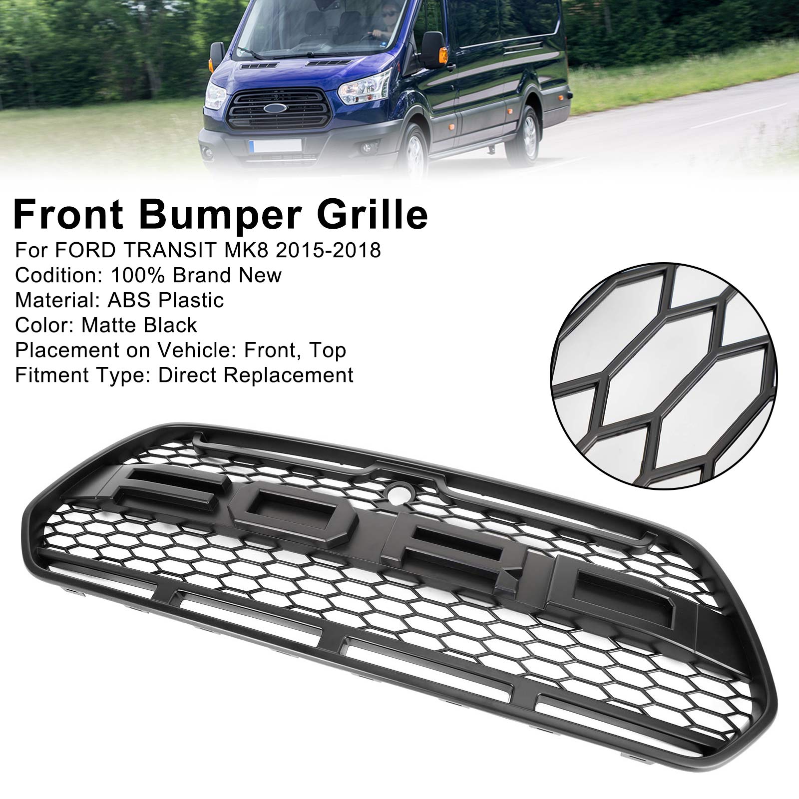 2015-2018 Matte Black Front Bumper Grille Grill Fit Ford Transit Mk8 Raptor