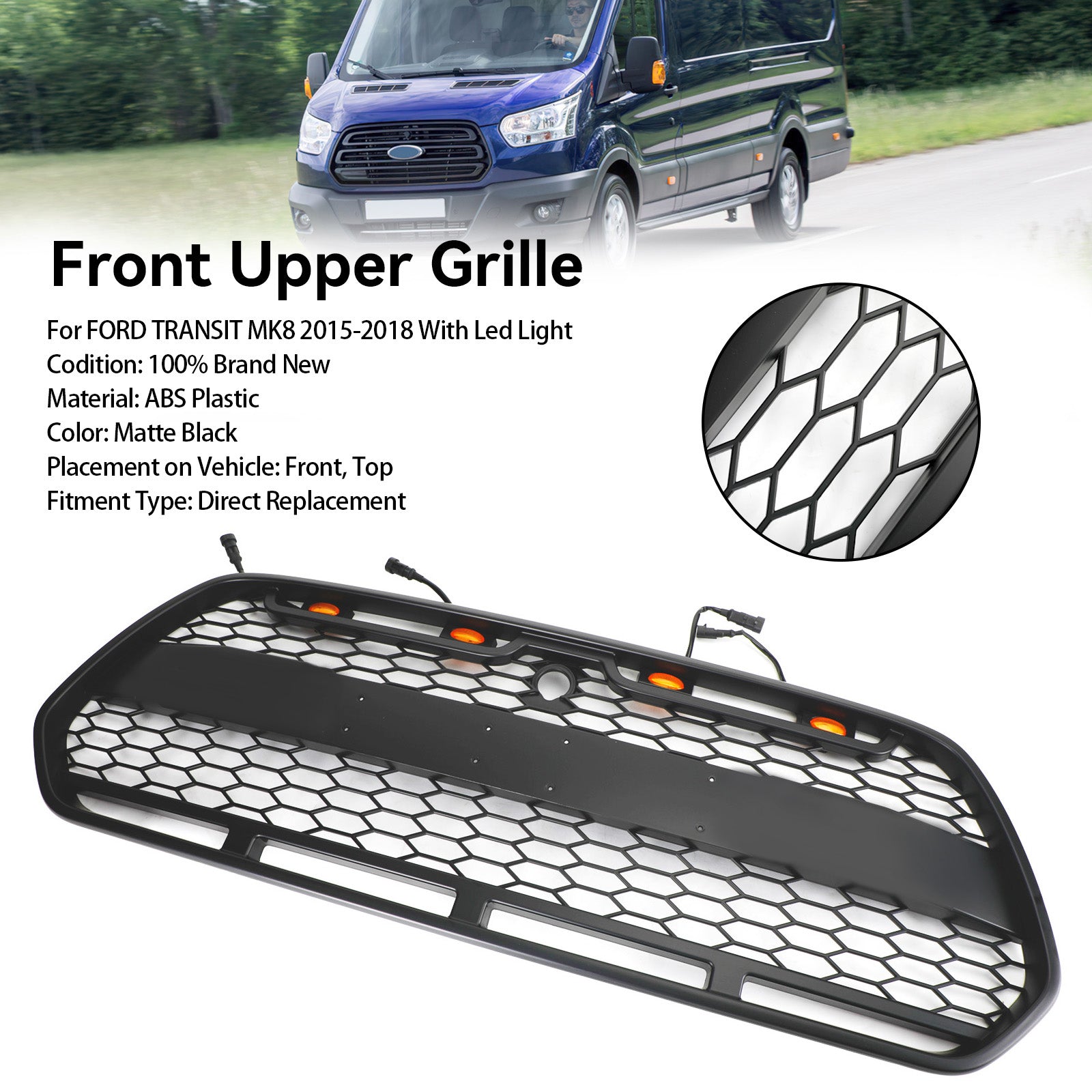 Grille de pare-chocs avant noire mate avec LED pour Ford Transit MK8 Raptor 2015-2018