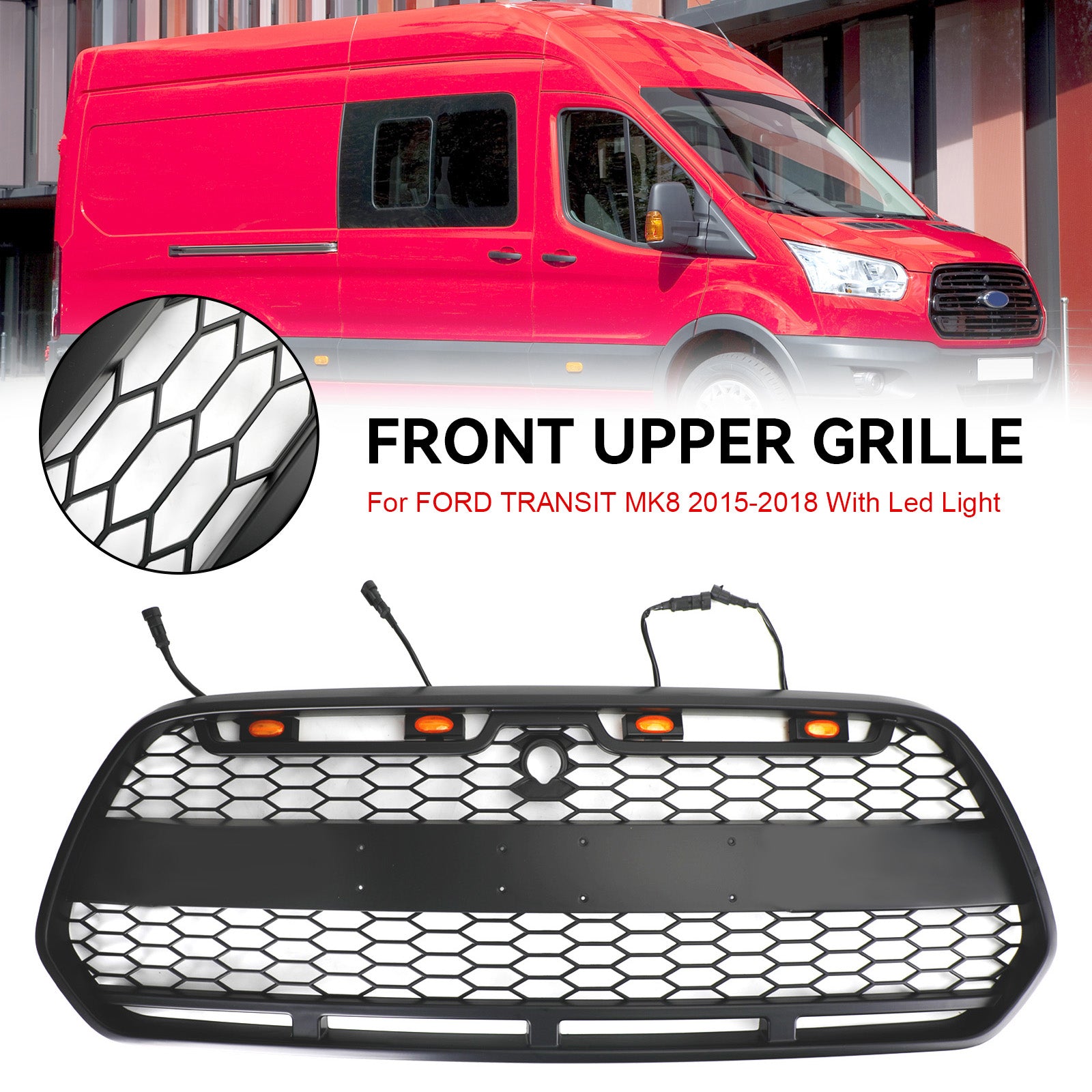 Grille de pare-chocs avant noire mate avec LED pour Ford Transit MK8 Raptor 2015-2018