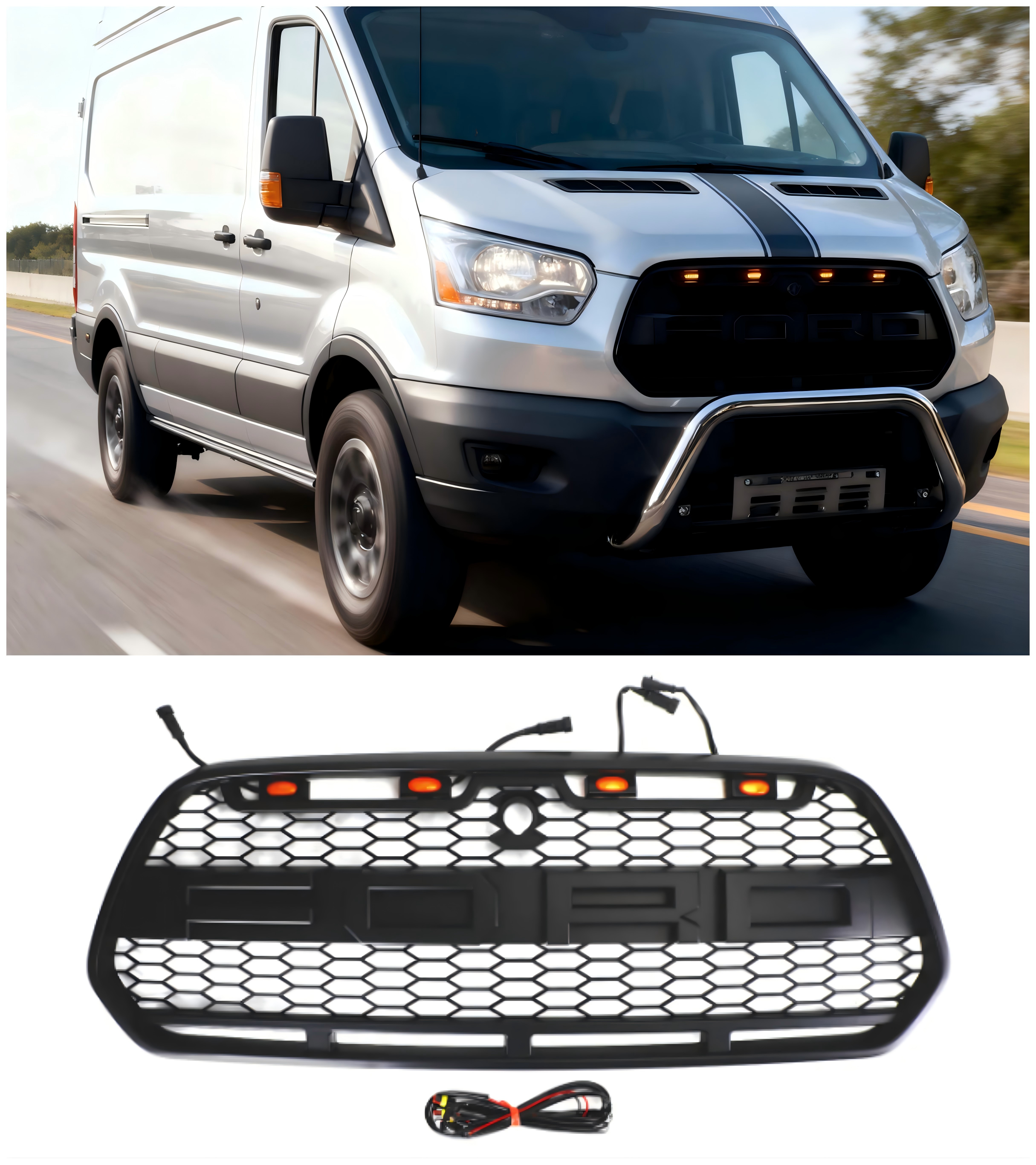 2015-2018 Ford Transit MK8 Raptor matzwarte voorbumpergrille met LED