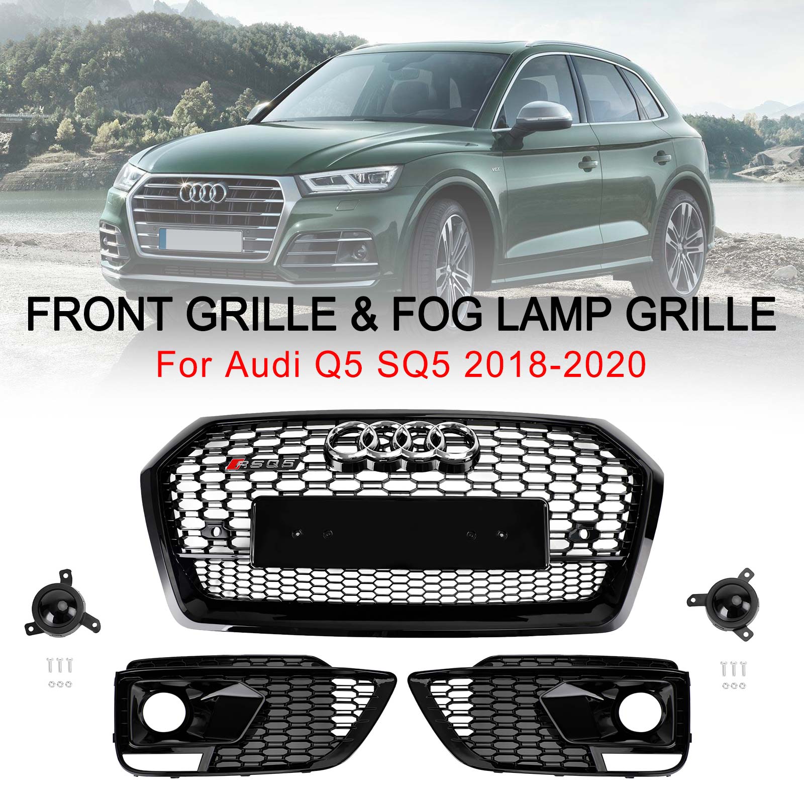 2018-2020 Audi Q5 SQ5 RSQ5 Front Honeycomb Mesh Grill + hmlová lampa mriežka