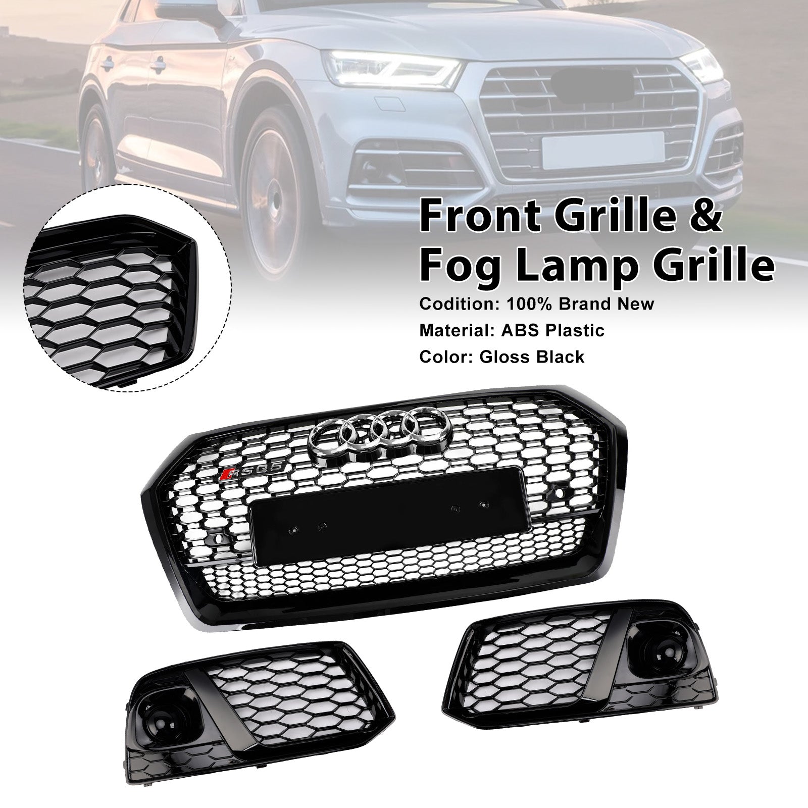 2018 2019 Audi Q5 SQ5 Front Honeycomb Mesh Grill + Fog Lamp Grille