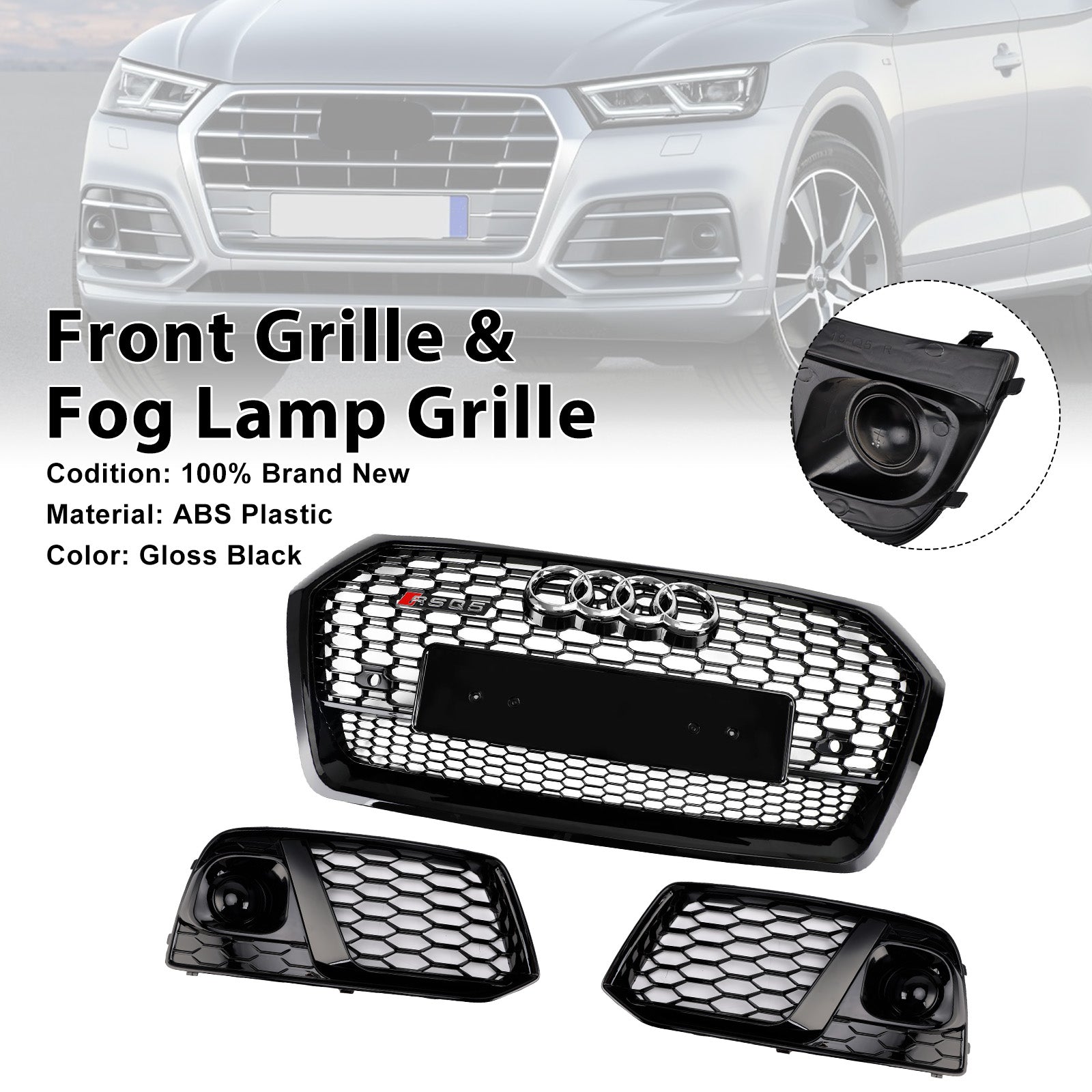 2018 2019 Audi Q5 SQ5 Front Honeycomb Mesh Grill + Fog Lamp Grille