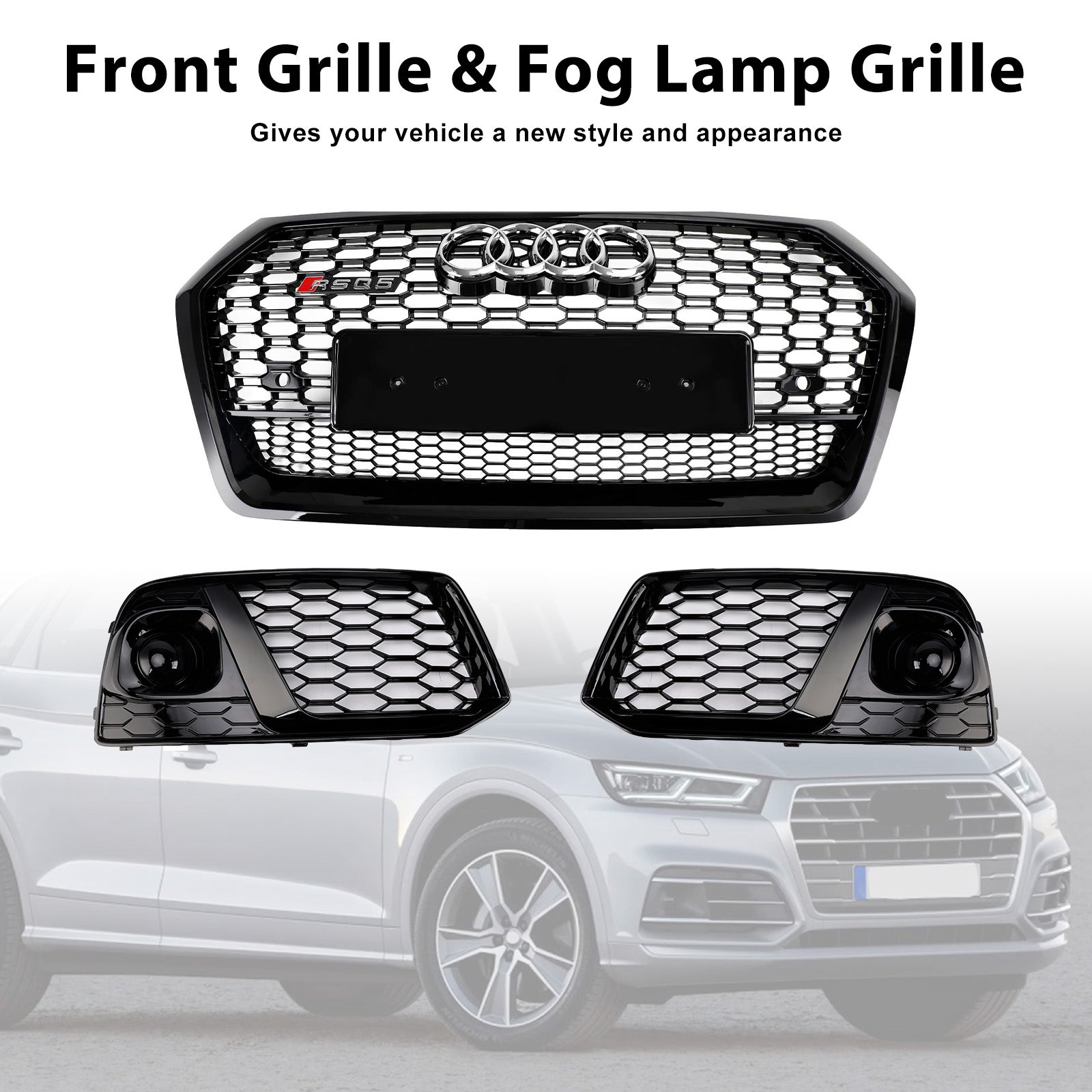 2018 2019 Audi Q5 SQ5 Front Honeycomb Mesh Grill + Fog Lamp Grille