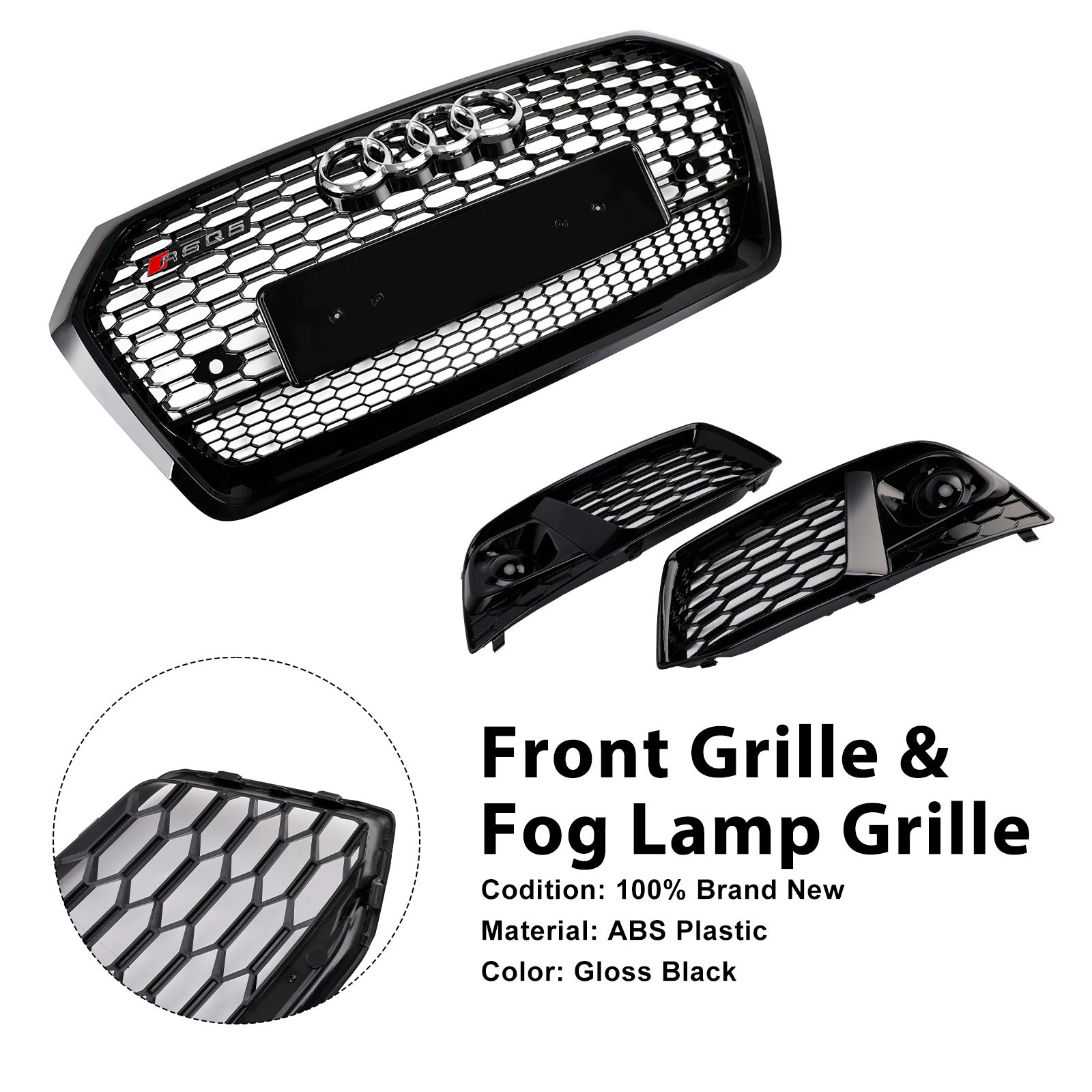 2018 2019 Audi Q5 SQ5 Front Honeycomb Mesh Grill + Fog Lamp Grille