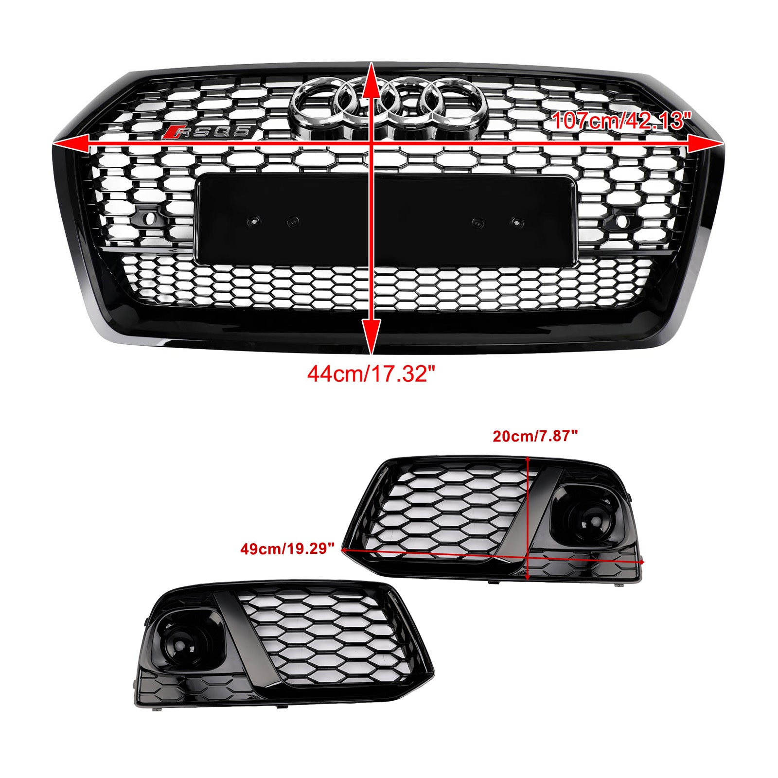 2018 2019 Audi Q5 SQ5 Front Honeycomb Mesh Grill + Fog Lamp Grille