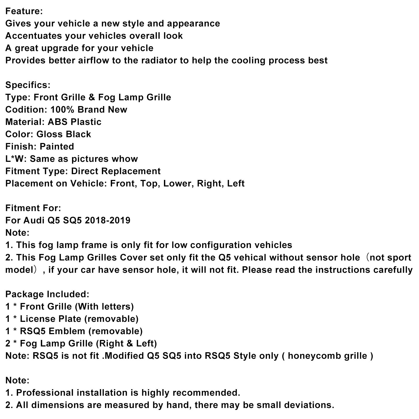 2018 2019 Audi Q5 SQ5 Front Honeycomb Mesh Grill + Fog Lamp Grille