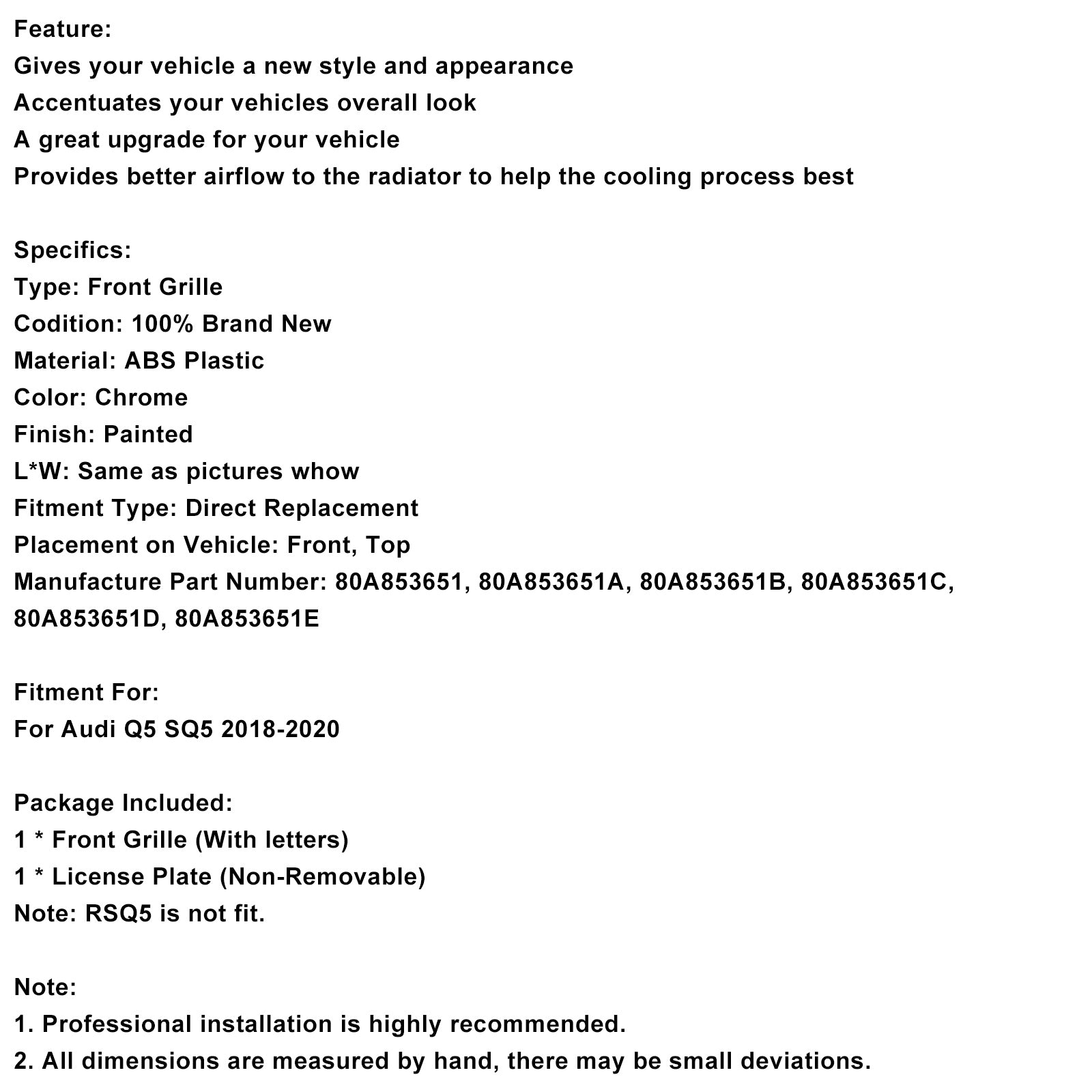 2018-2020 AUDI Q5 SQ5 SQ5 Front Honeycomb Mesh Grille Grill