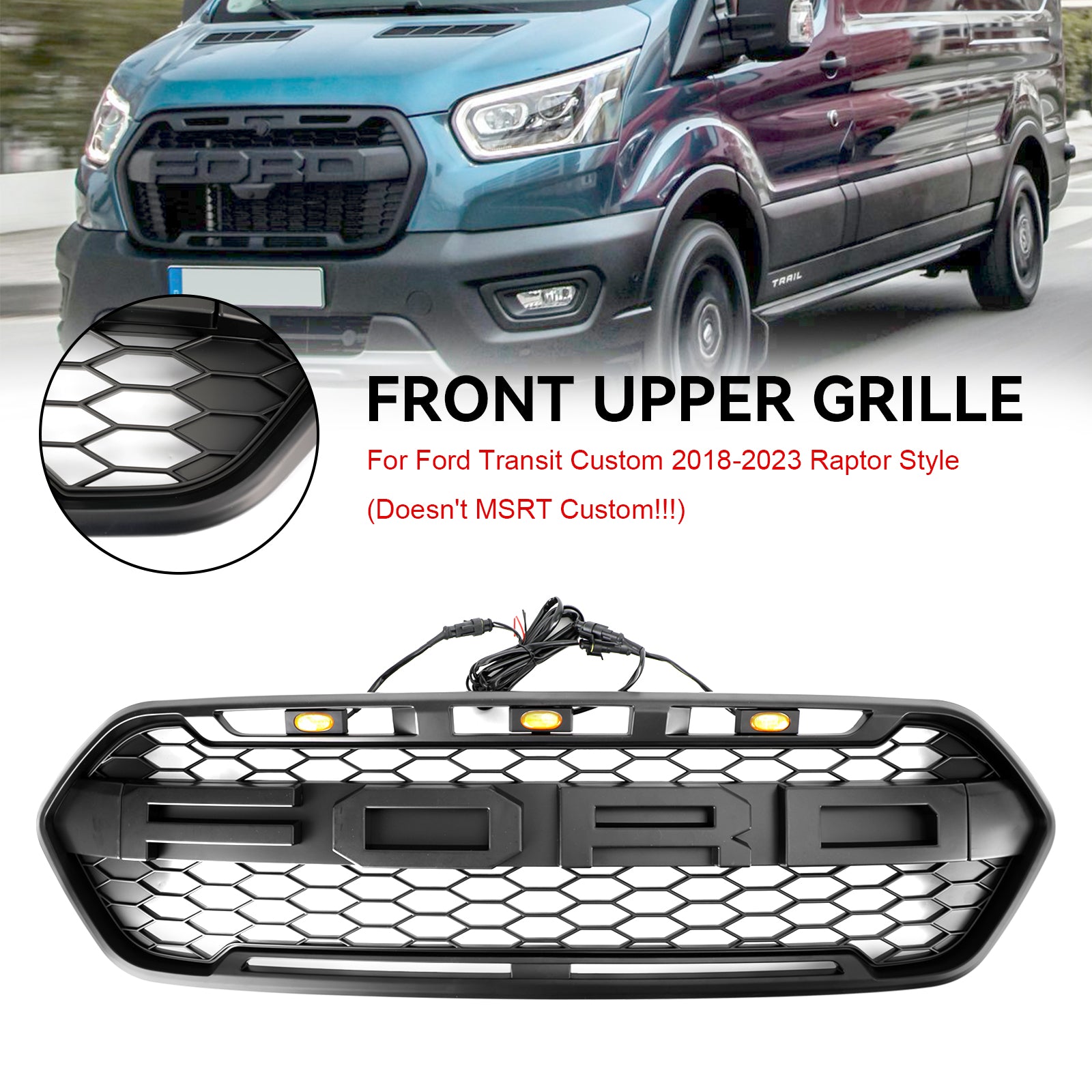 2018 2019 2020 2021 2022 2023 Ford Transit Custom Raptor Style Trail W/ 3LED Matte Black Front Bumper Grille