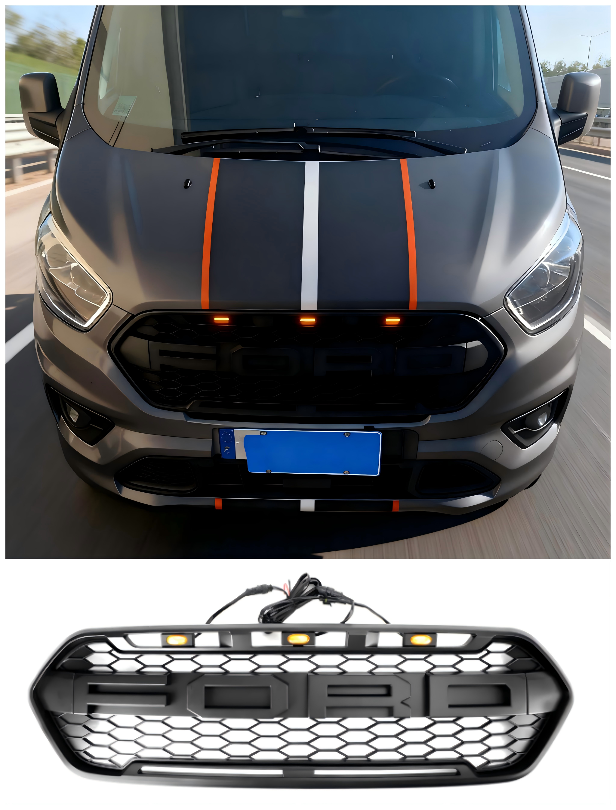 Raptor Style 2018-2023 Ford Transit Custom Trail W/ 3led Matte Black Front Bumper Grille Grille