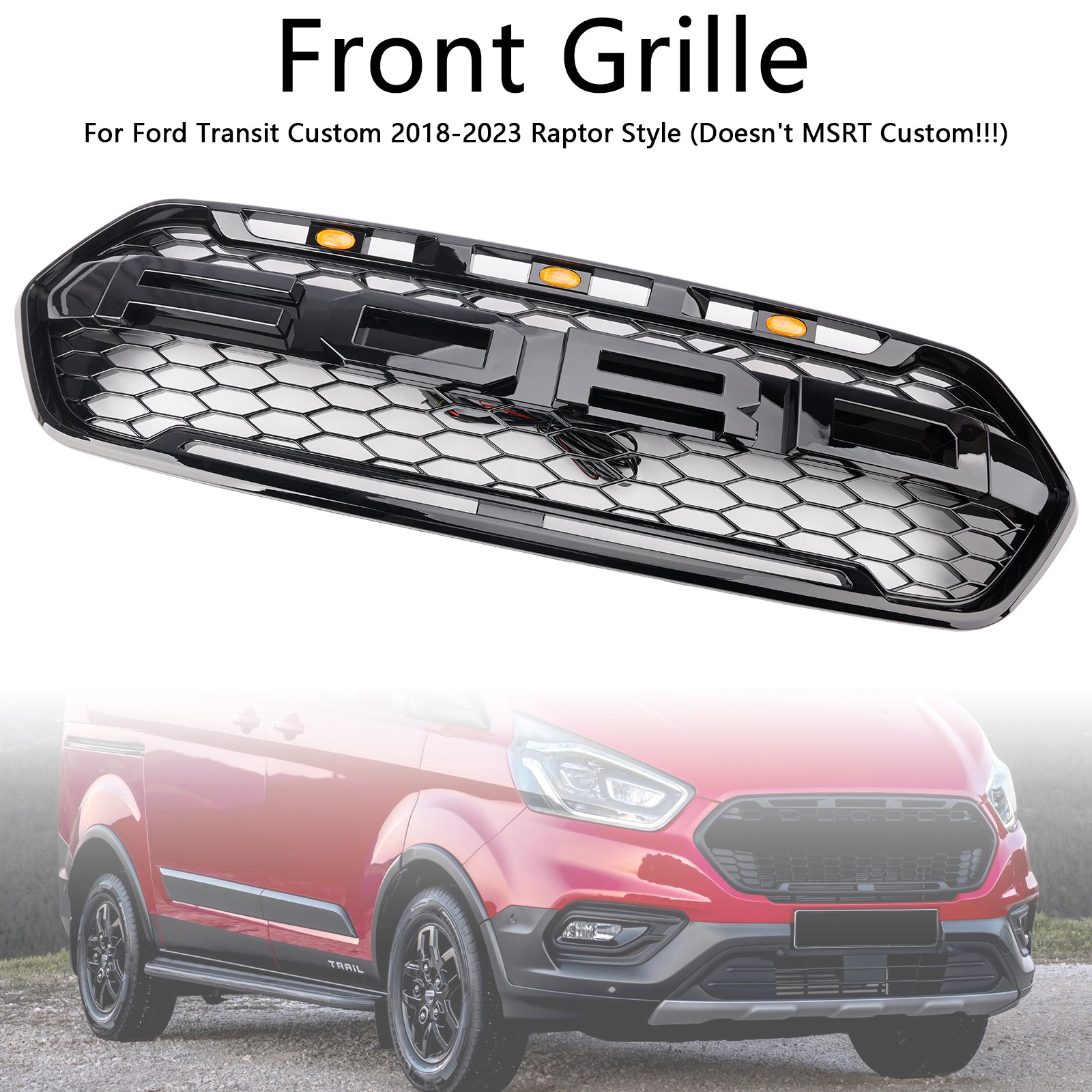 2018-2023 met 3LED glanzend zwarte Ford Transit Custom Trail met 3LED voorbumpergrille