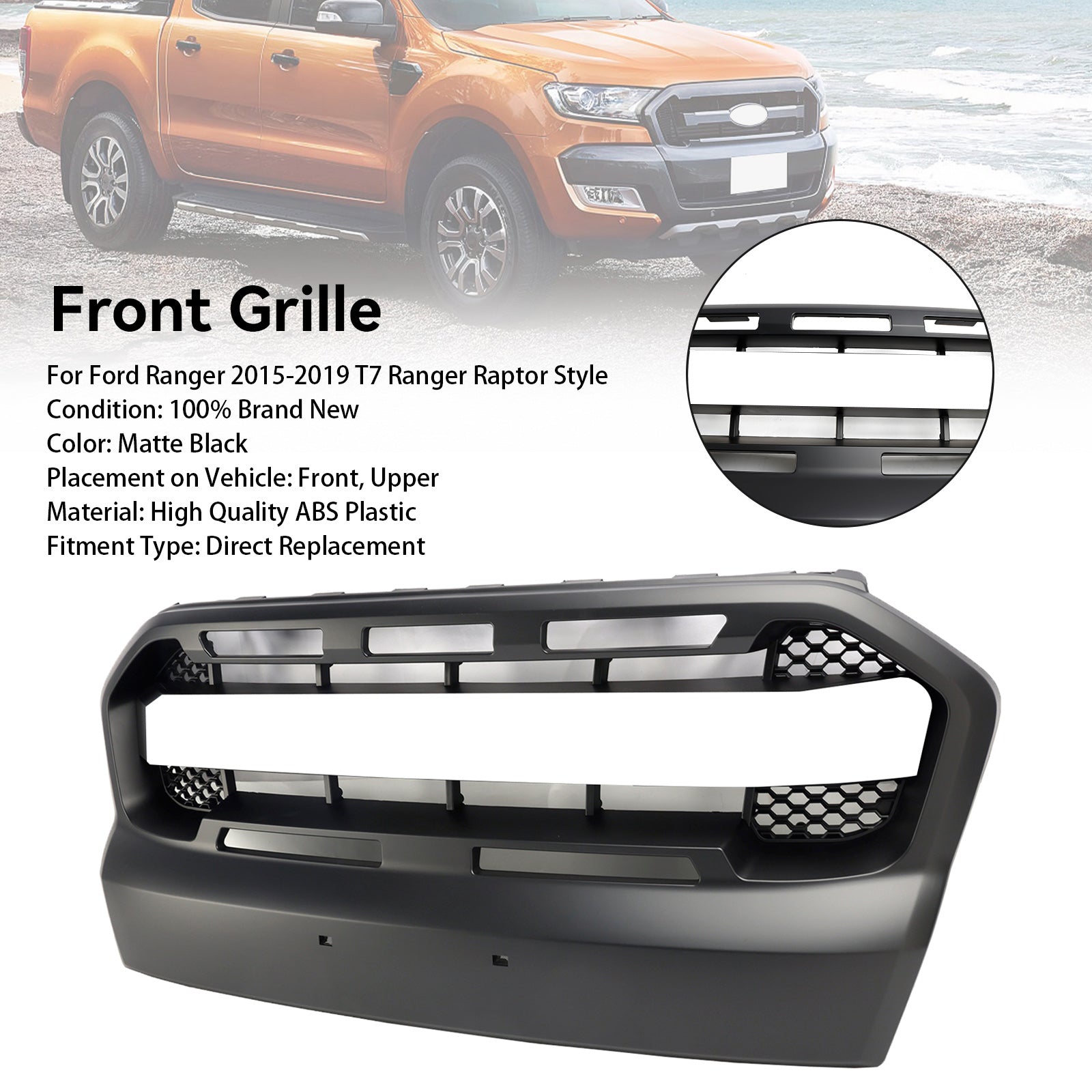 2015 2016 2017 2018 2019 Ford Ranger T7 Ranger Raptor Style Grille de pare-chocs avant noir mat