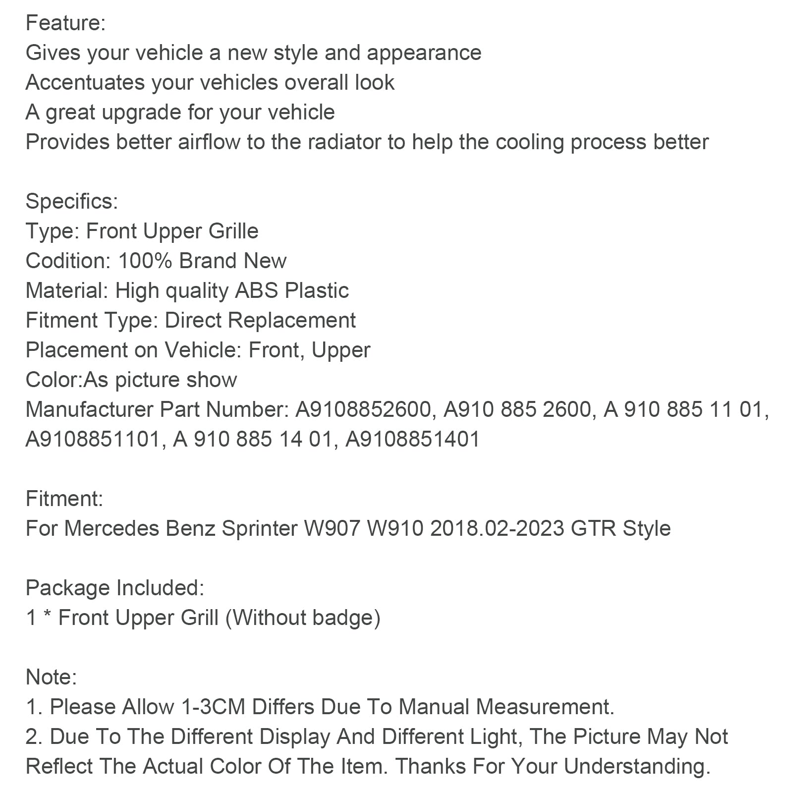 2018-2023 Mercedes Sprinter W907 W910 GT Style Front Bumper Grille Grill