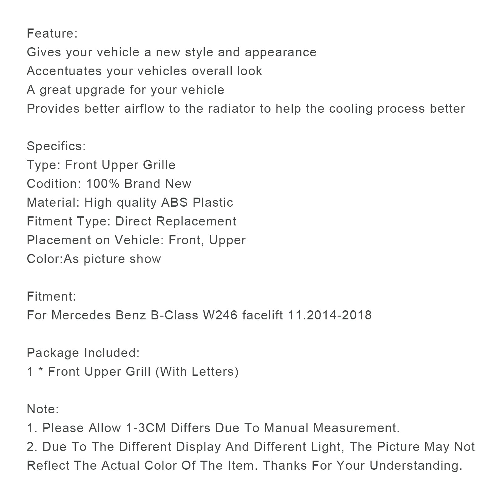 2015 2016 2017 2018 B-klasse W246 Mercedes Benz Facelift Støtfangergrill foran