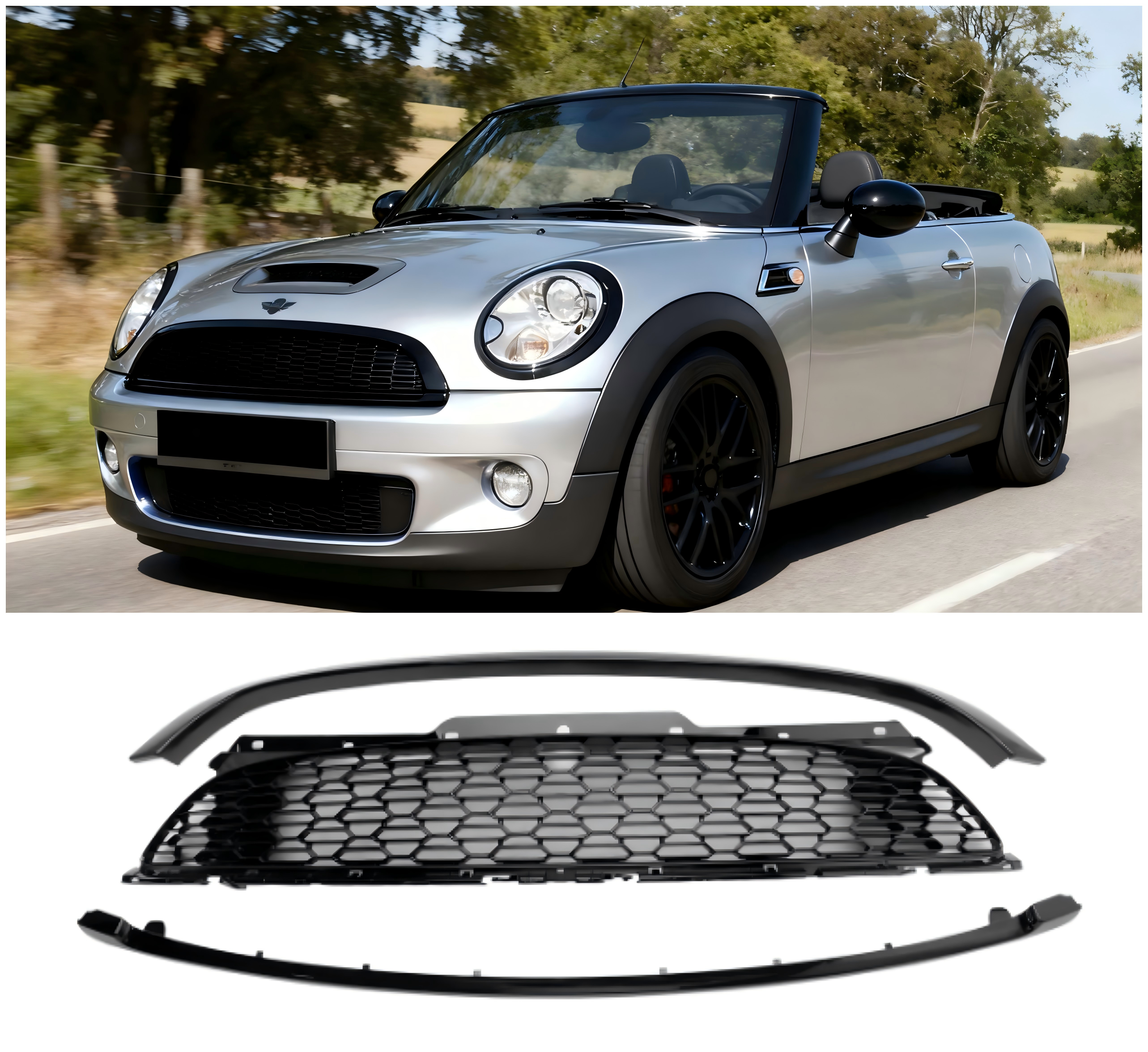 MINI R56 Cooper S 2007-2013 & Parrilla delantera negra brillante para JCW Hatchback de 3 puertas, 3 piezas