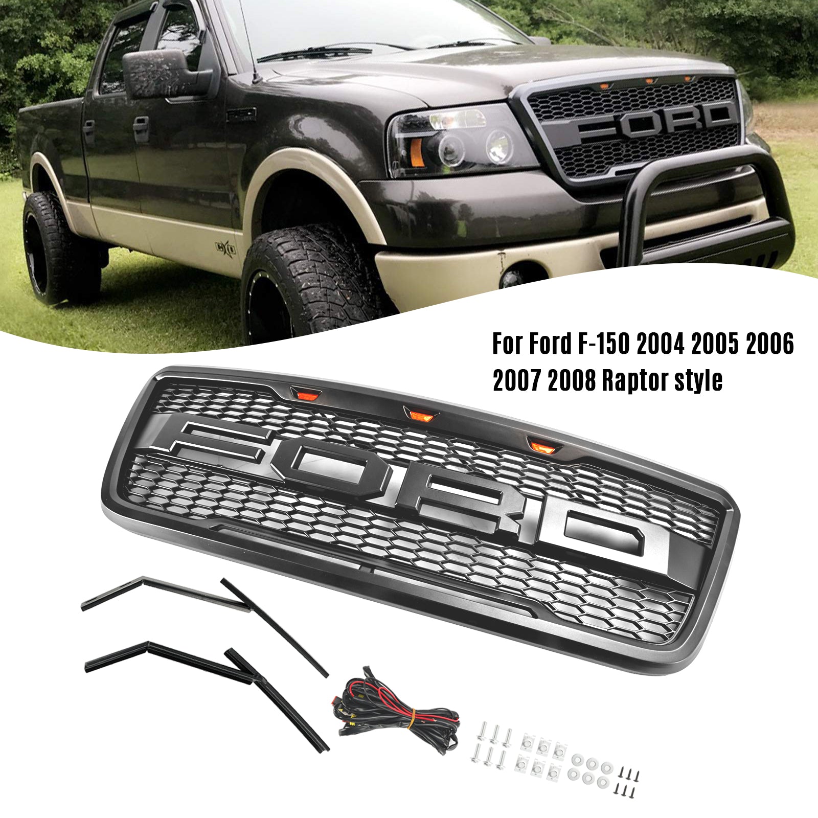 Parrilla de capó de malla frontal estilo Ford F150 Raptor 2004-2008 con LED