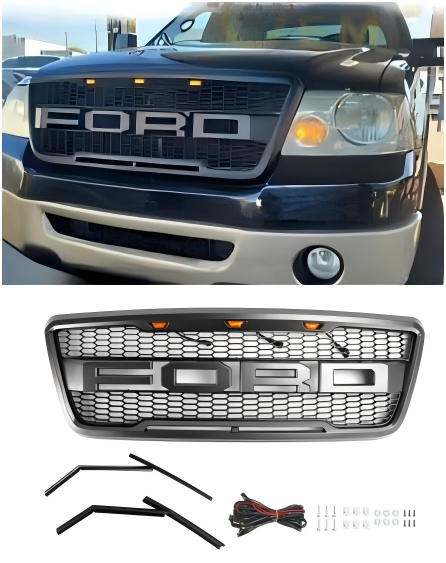 Parrilla de capó de malla frontal estilo Ford F150 Raptor 2004-2008 con LED