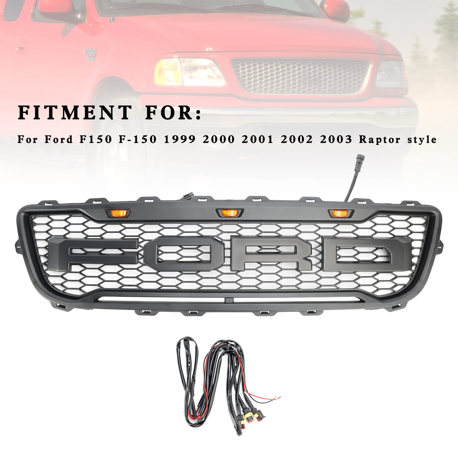 1999-2003 Ford F150 m/ LED Raptor Style Matte Black Front Honeycomb Bumper Grille Grill