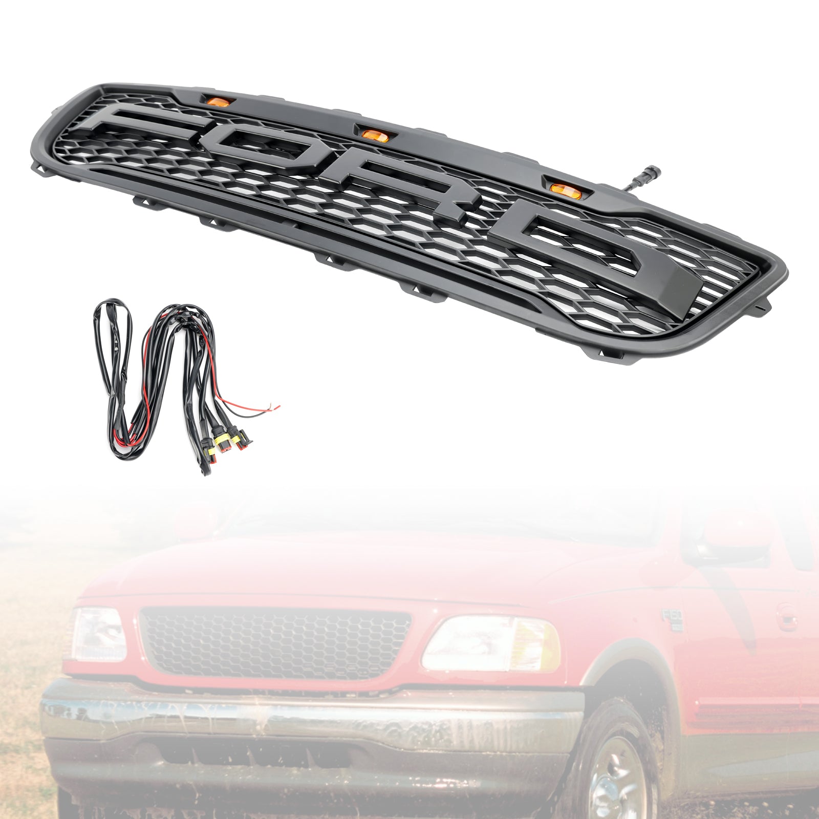 1999-2003 Ford F150 m/ LED Raptor Style Matte Black Front Honeycomb Bumper Grille Grill