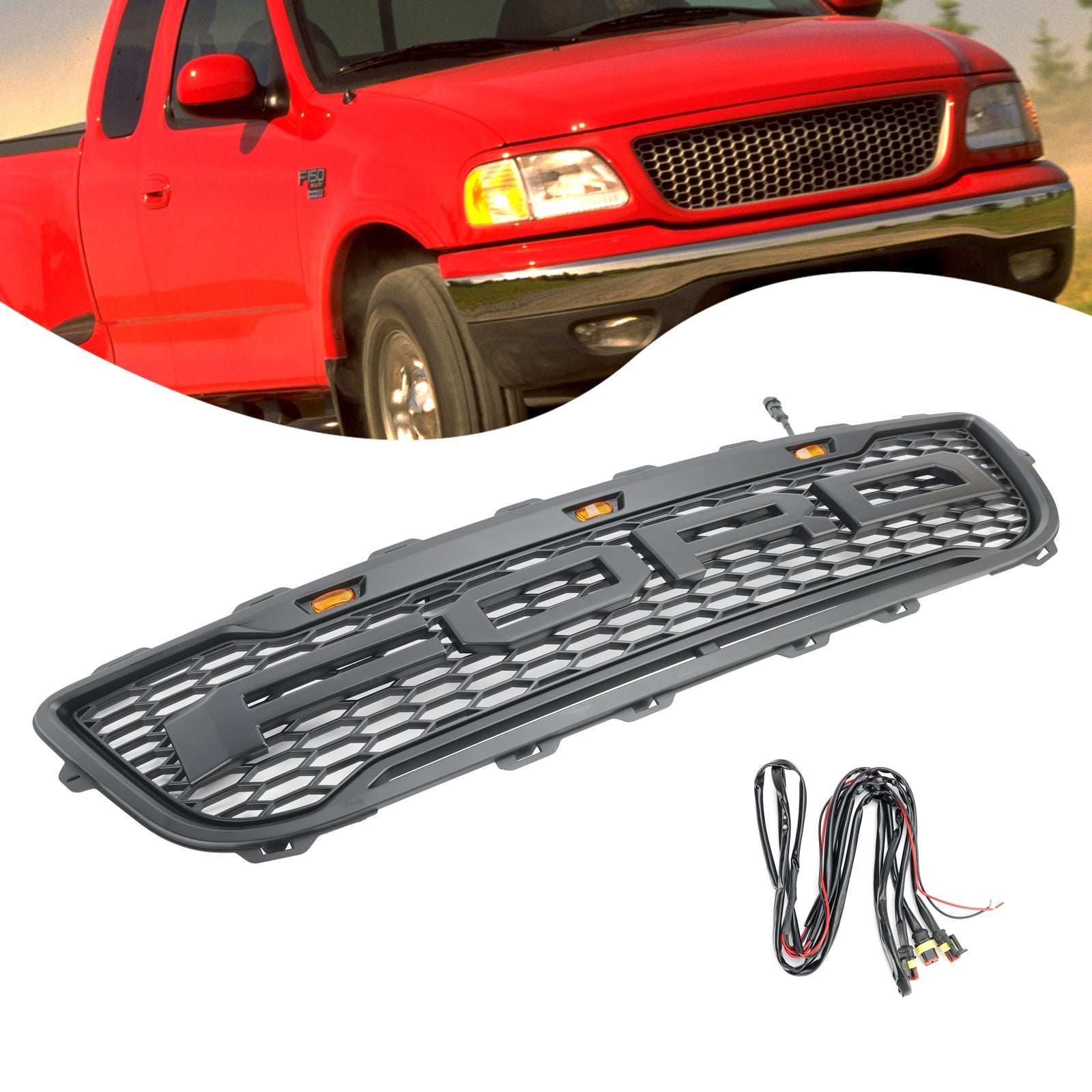 1999-2003 Ford F150 m/ LED Raptor Style Matte Black Front Honeycomb Bumper Grille Grill