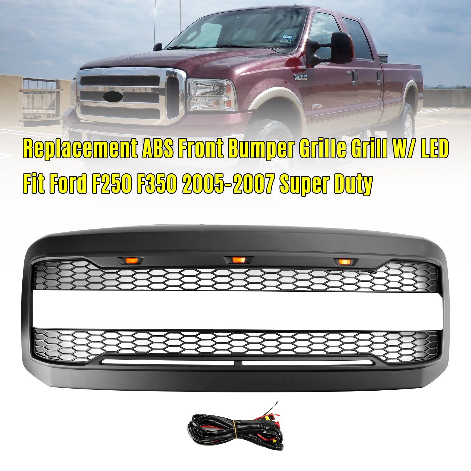 2005-2007 Ford F250 F350 Super Duty W/ LED Front Bumper Grill Grille