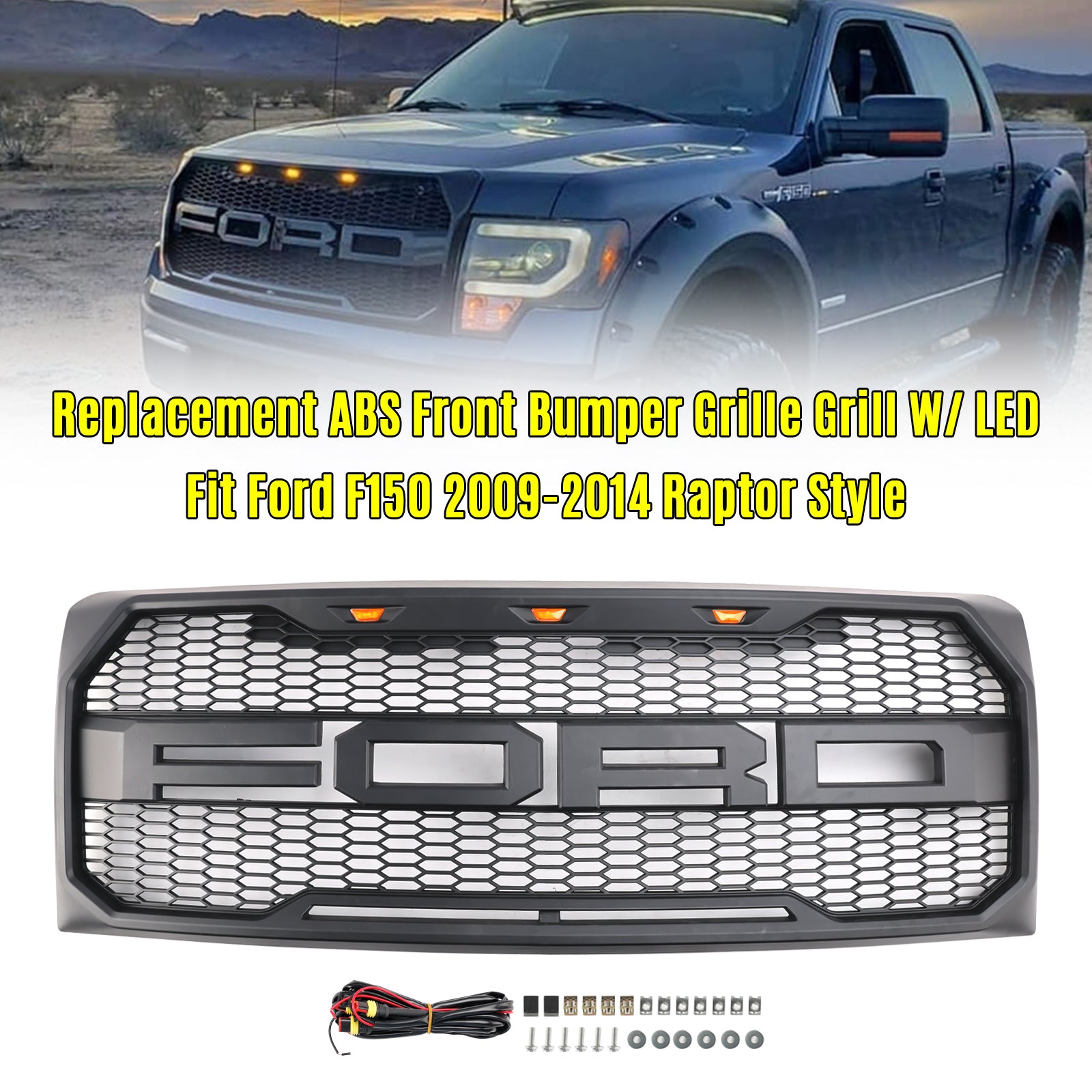 2009 2010 2012 2012 2013 2014 Ford F150 Raptor Style Front Challed Grille Grill avec LED Black