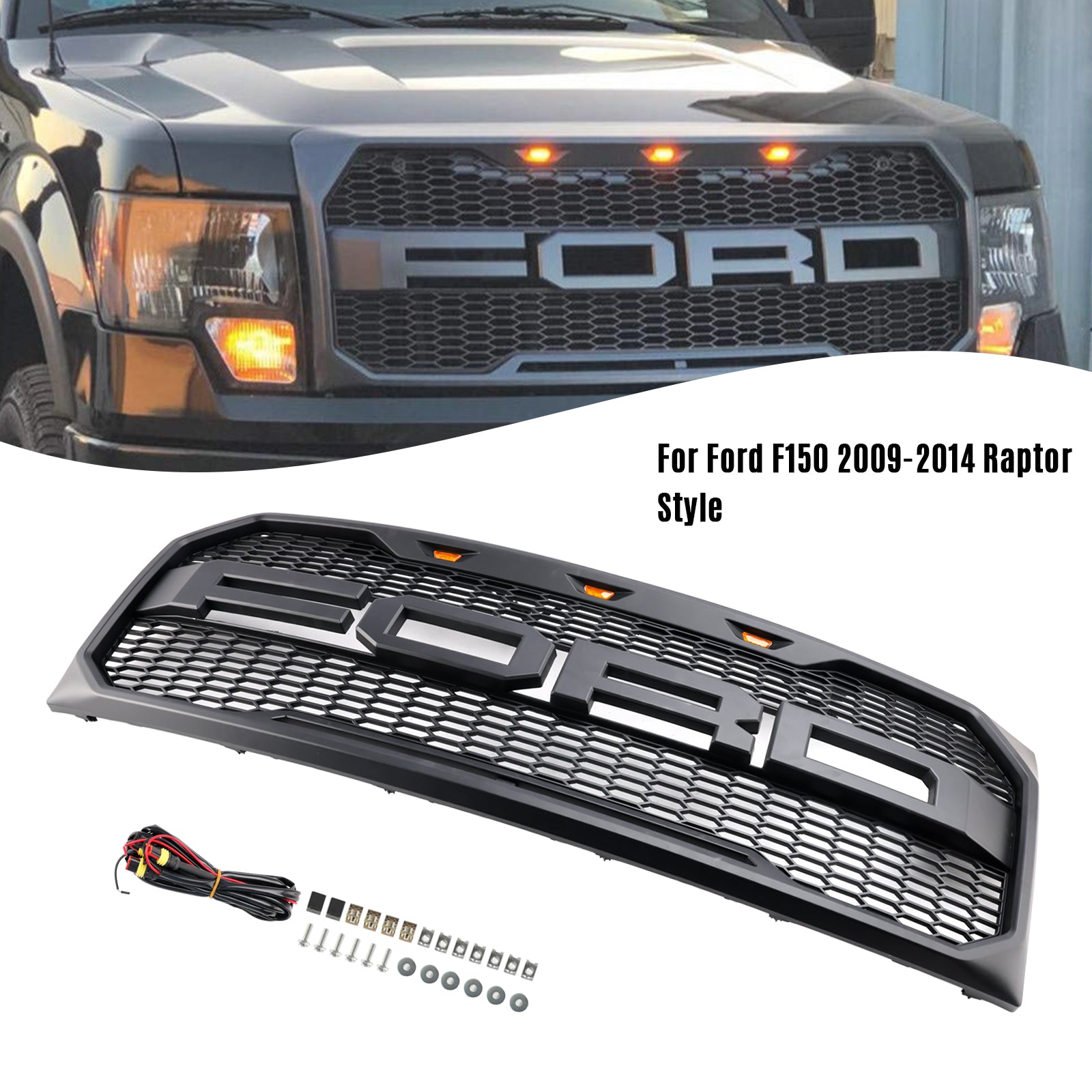 2009 2010 2012 2012 2013 2014 Ford F150 Raptor Style Front Challed Grille Grill avec LED Black