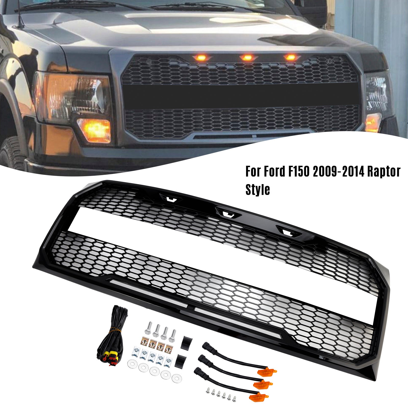 Griglia per paraurti anteriore stile Raptor nero lucido Ford F150 2009-2014