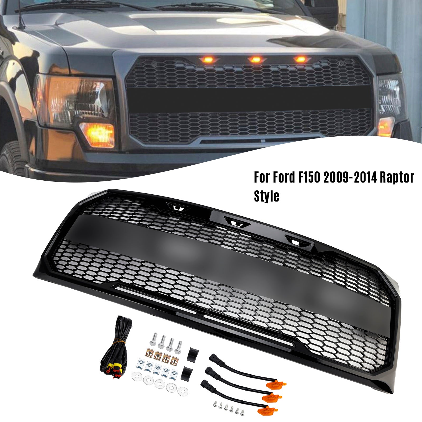 2009-2014 Ford F150 Gloss Black Raptor Style Front Bumper Grille Grill