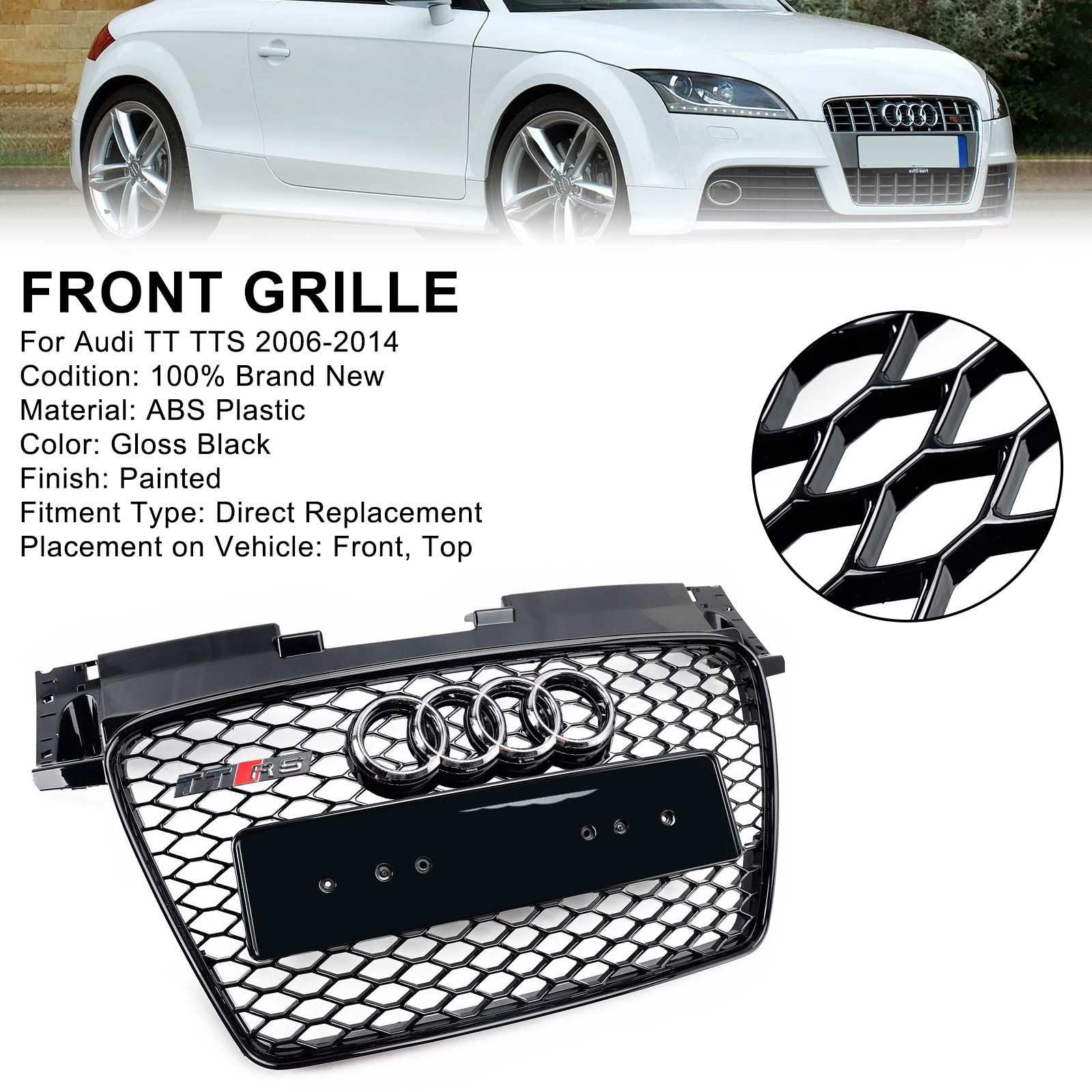 2006-2014 Audi TT TTS RS Style Front Honeycomb Grille gril Gloss Black