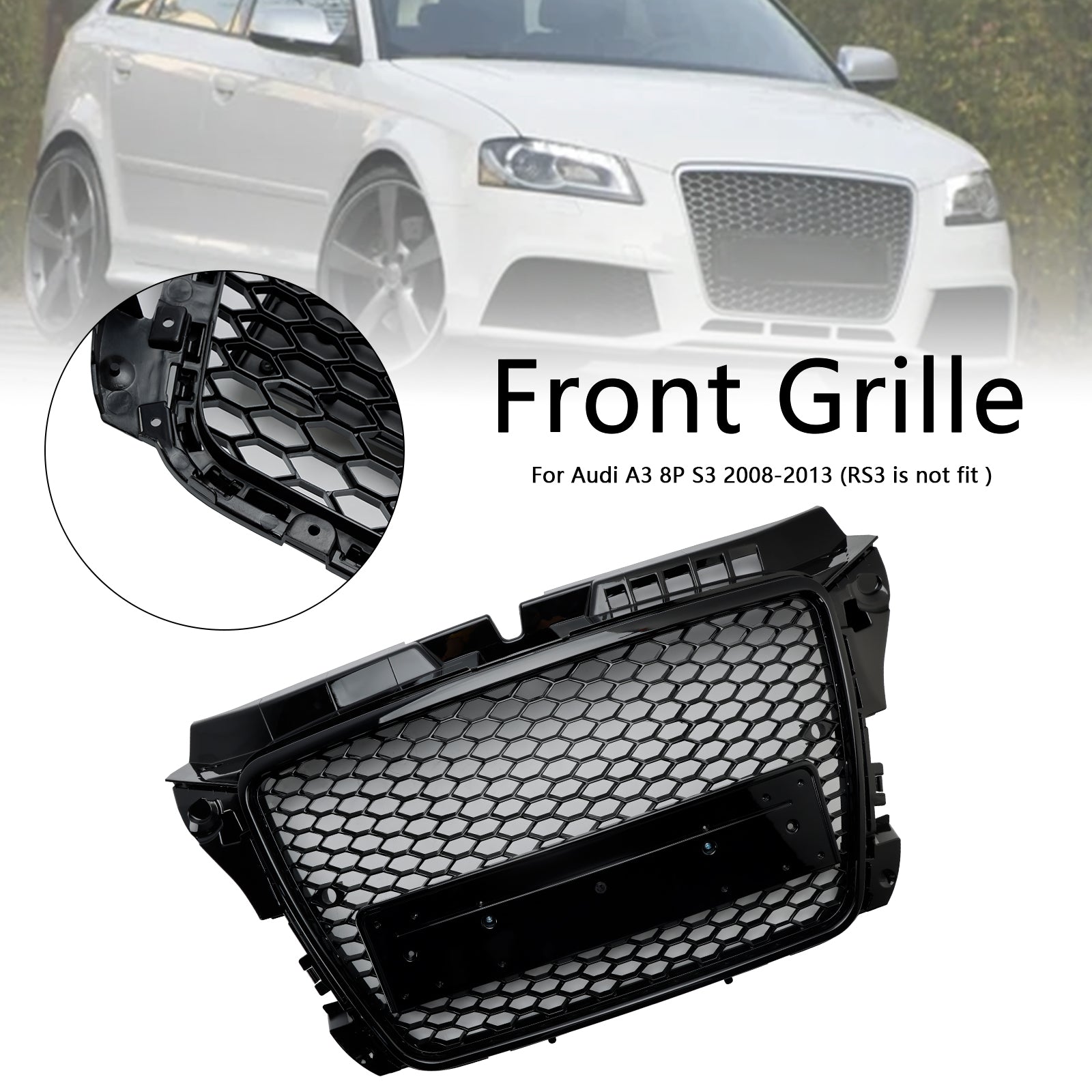 2008 2009 2010 2011 2012 2013 Audi A3 8P RS3 Style Honeycomb Front Bumper Grille Grill