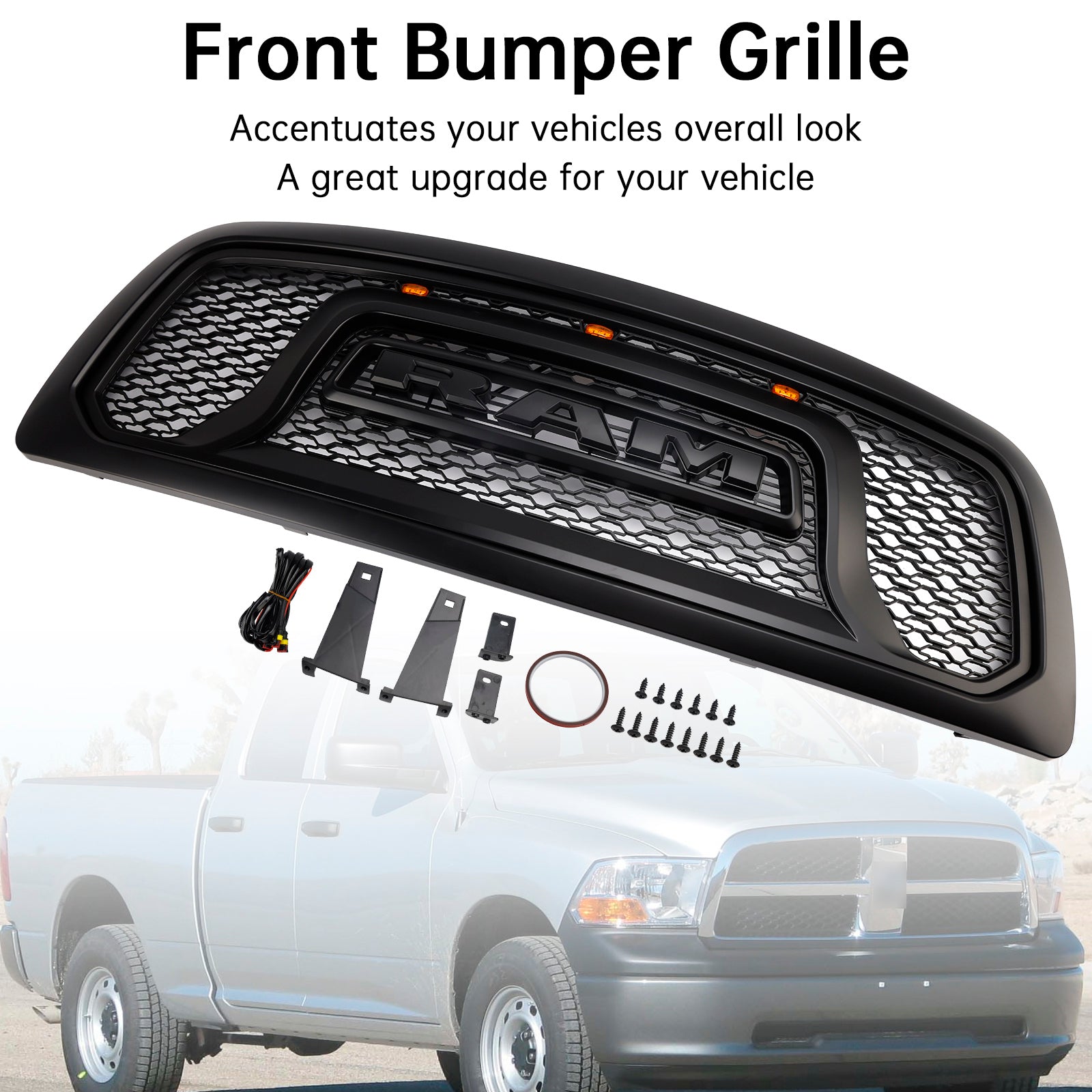 2009-2012 Dodge Ram 1500 W/ Led Light Black Front Bumper Grill Grille