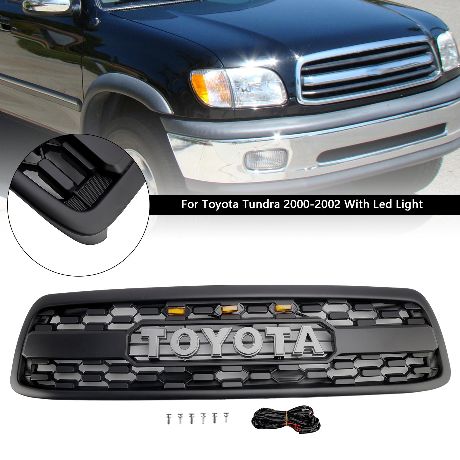 Matzwarte voorbumpergrill voor Toyota Tundra 2000-2002 W/LED