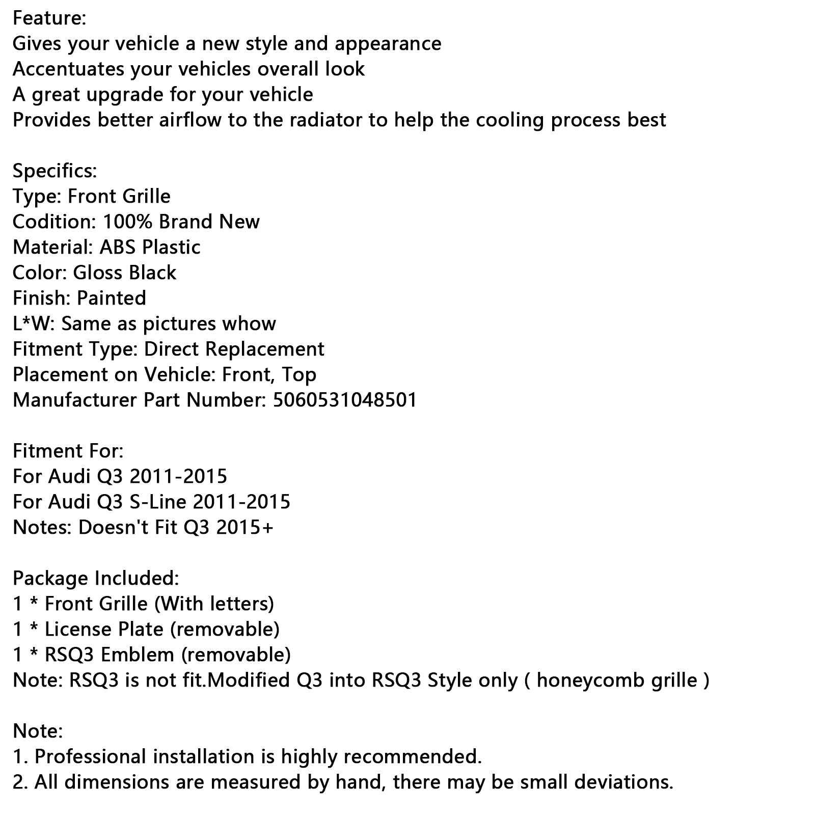 RSQ3 Style Front Honeycomb Mesh Grille Fit Audi Q3 2011-2015 Gloss Black