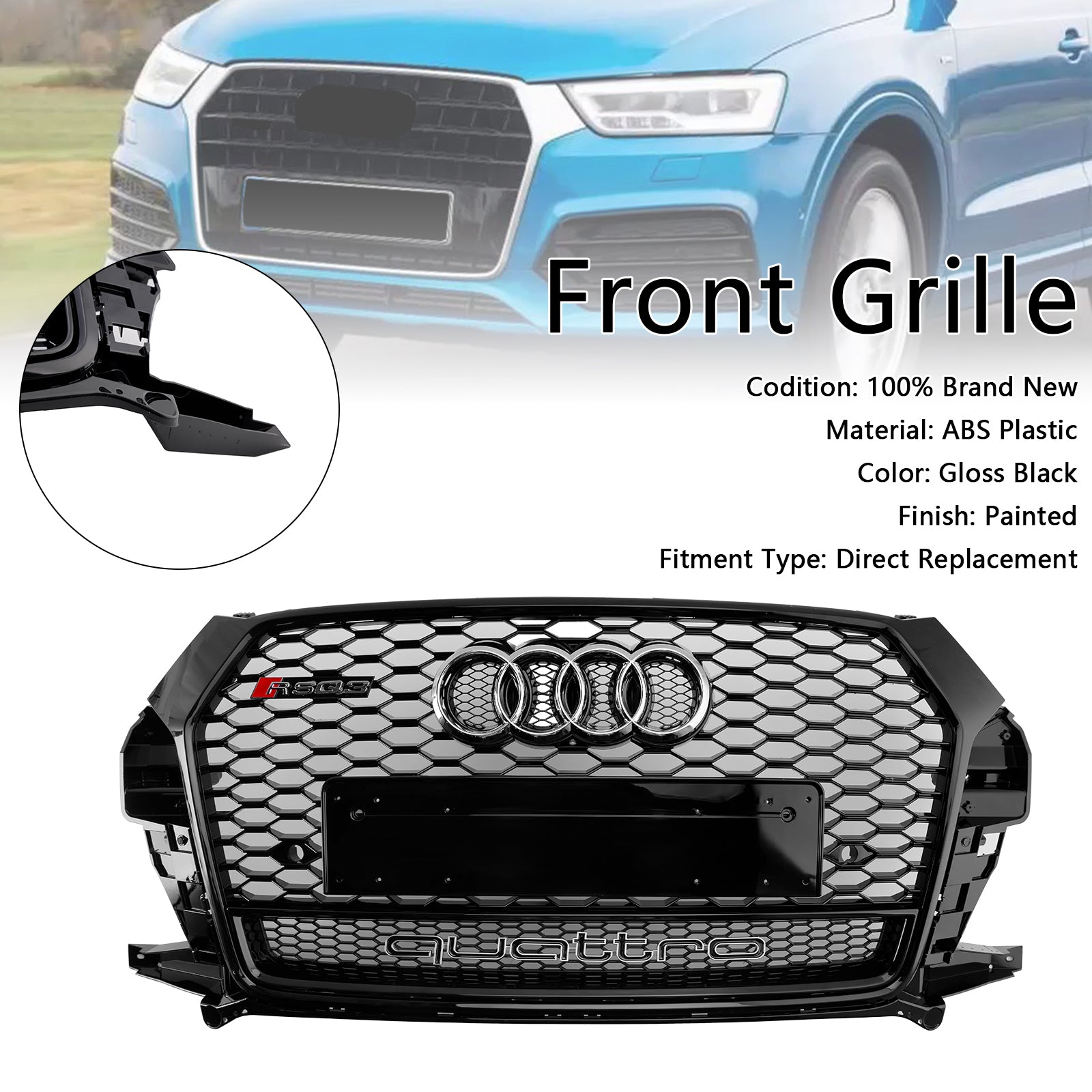 2016-2018 Audi Q3 RSQ3 Style Front Honeycomb Grill Grille Gloss Black