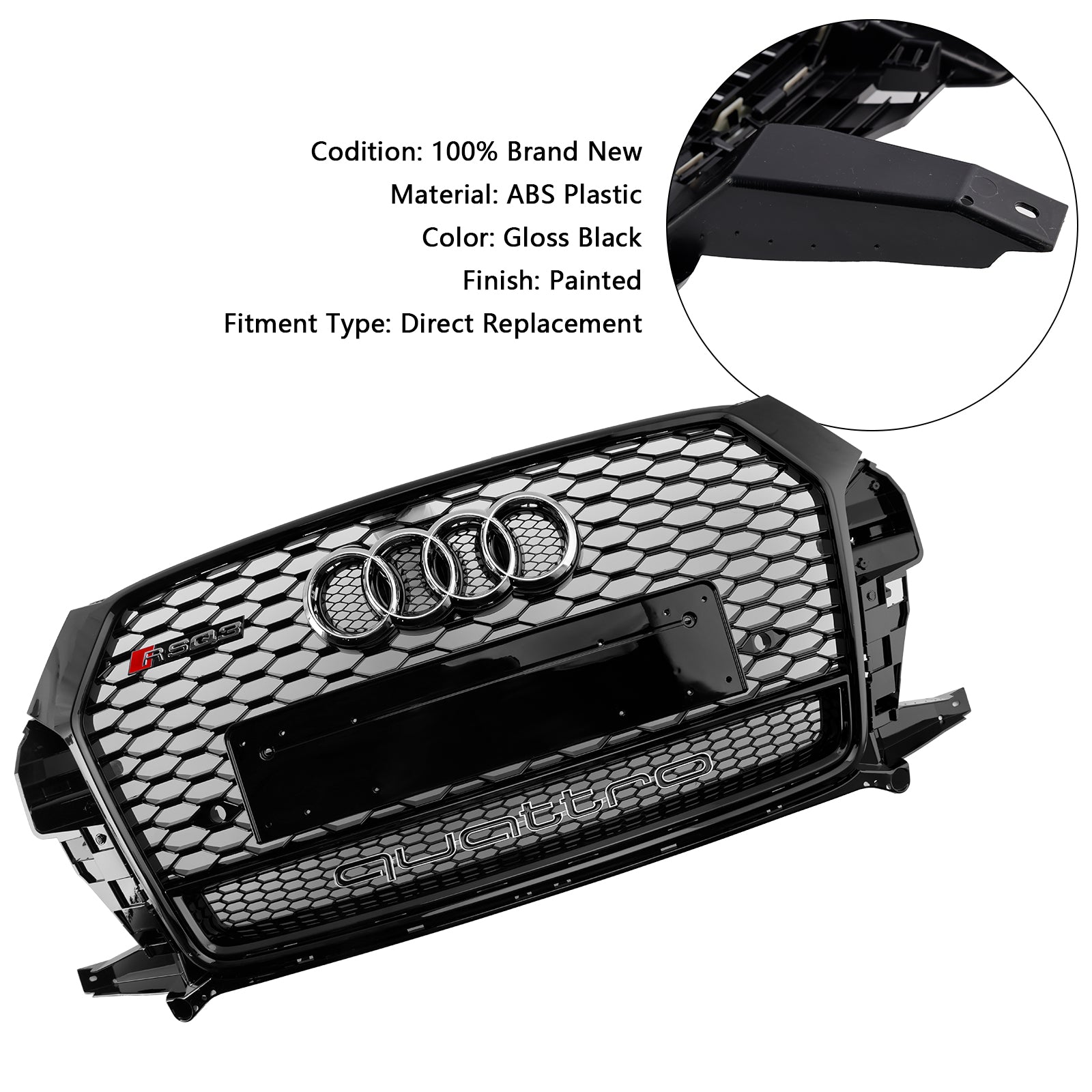 2016-2018 Audi Q3 RSQ3 Style Front Honeycomb Grill Grille Gloss Black