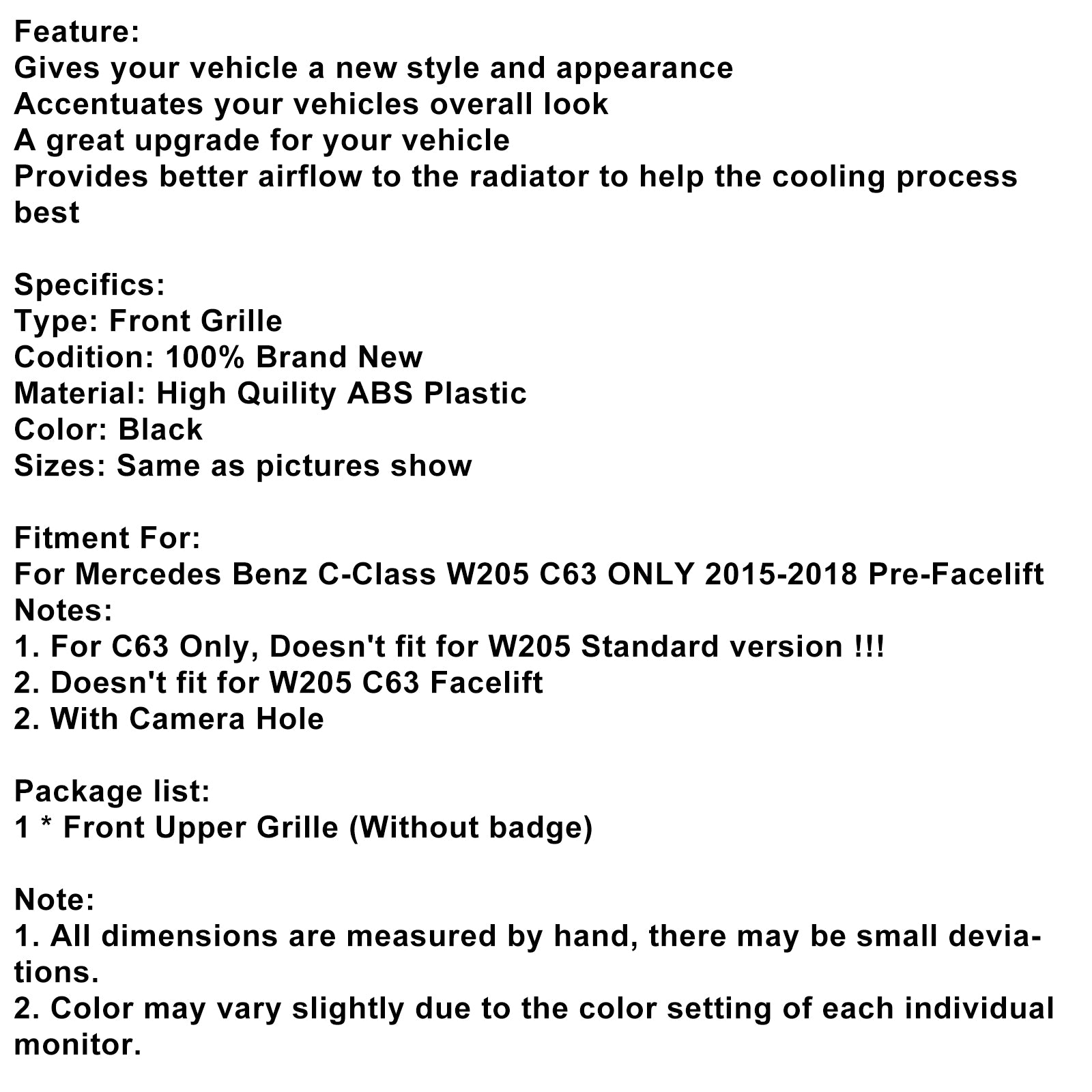 2015-2018 Mercedes Benz W205 C63 Pre-Facelift Front Bumper Grille Grill