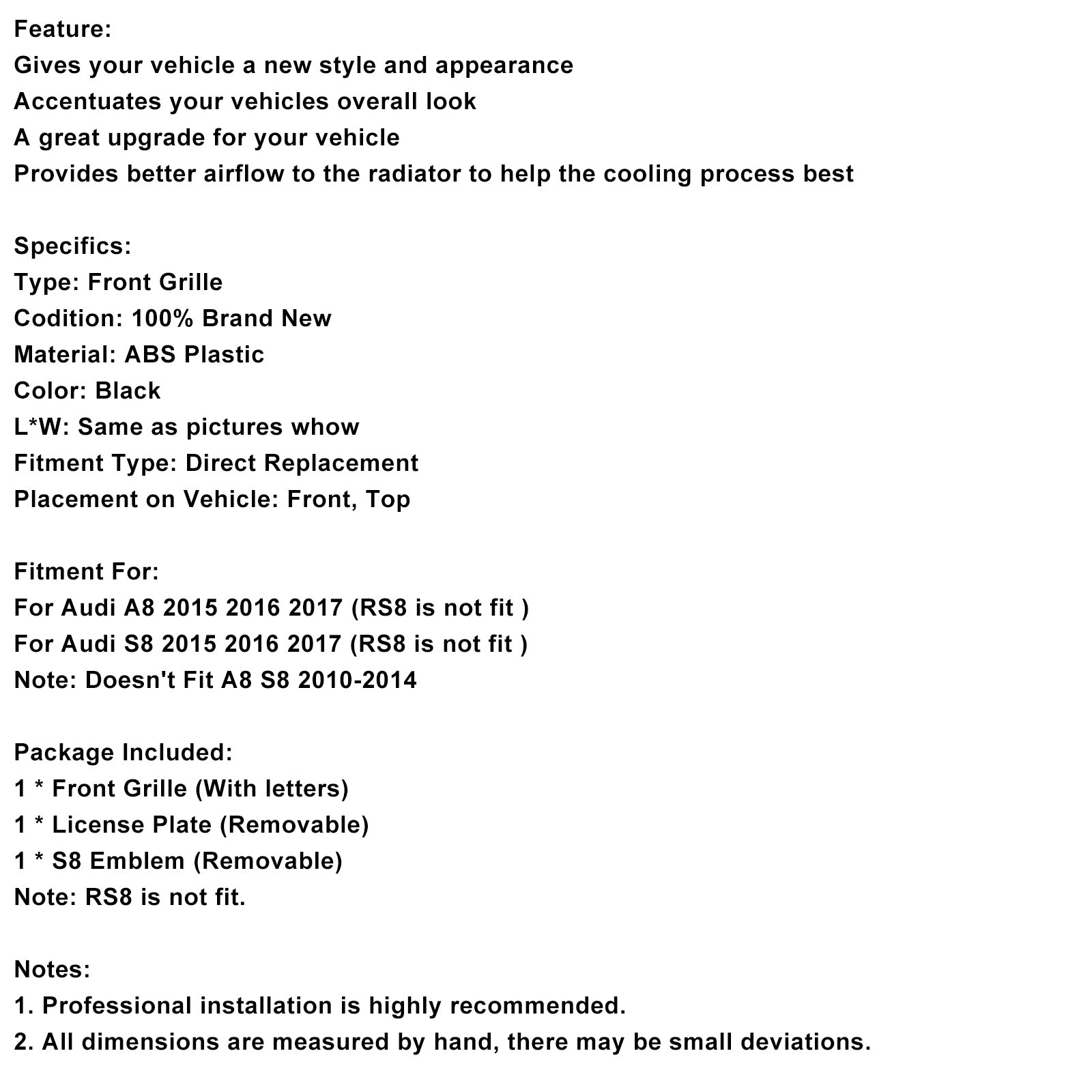 2015-2017 Audi A8 S8 S8 Style avant Bumper Grille Mesh Grill Black