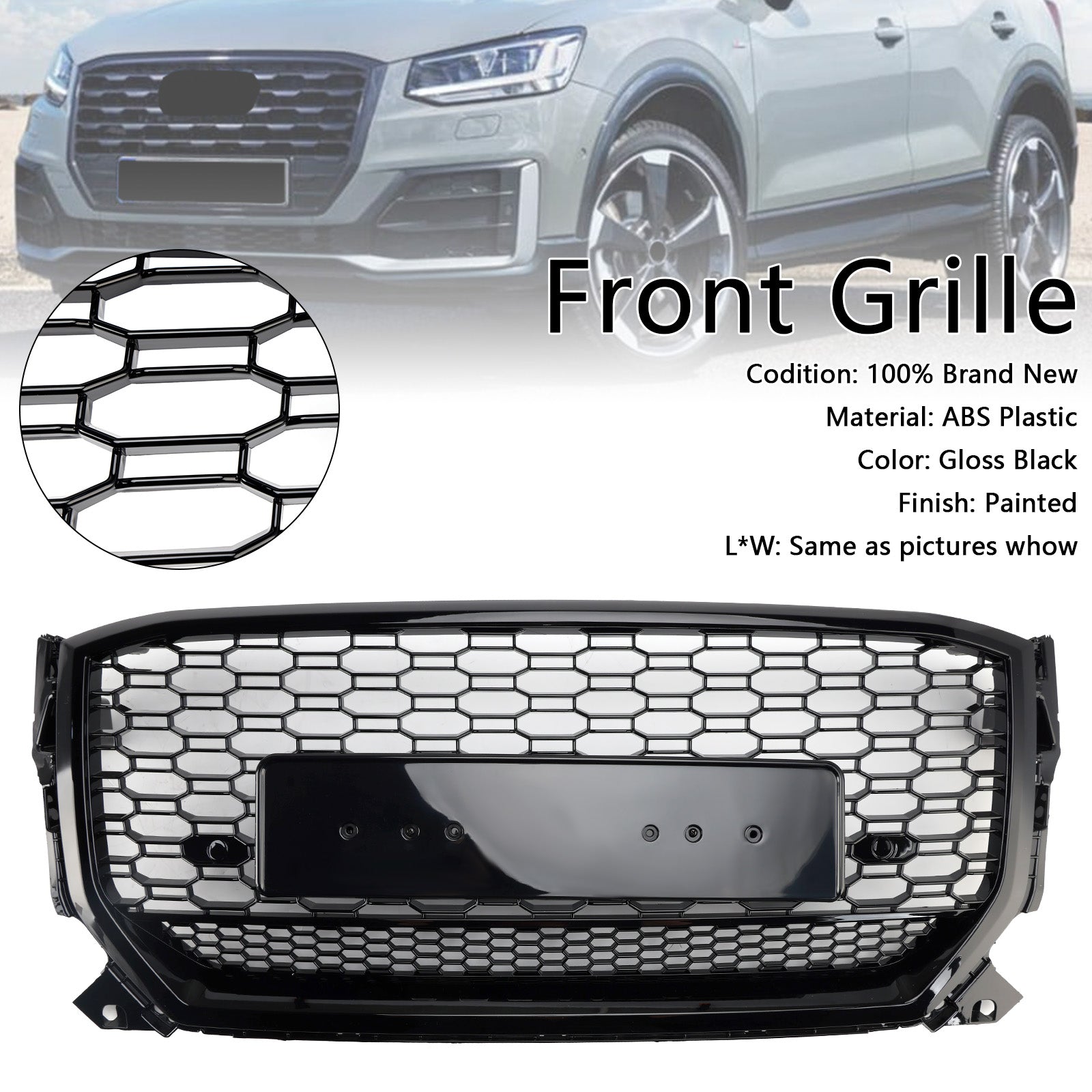 2016-2020 Audi Q2 Pre-Facelift Glanzend zwarte honingraatgrille vooraan