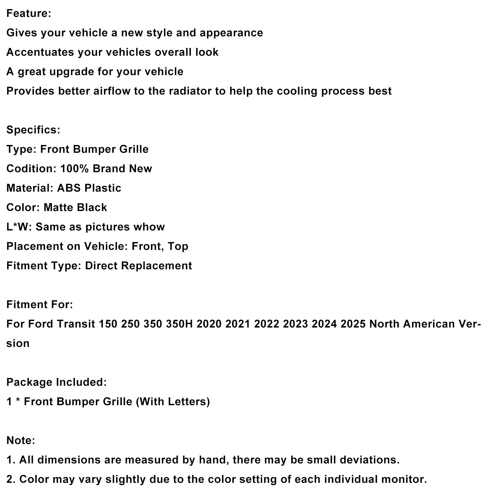 2020-2025 Ford Transit 150 250 350 Raptor-stijl voorbumpergrille