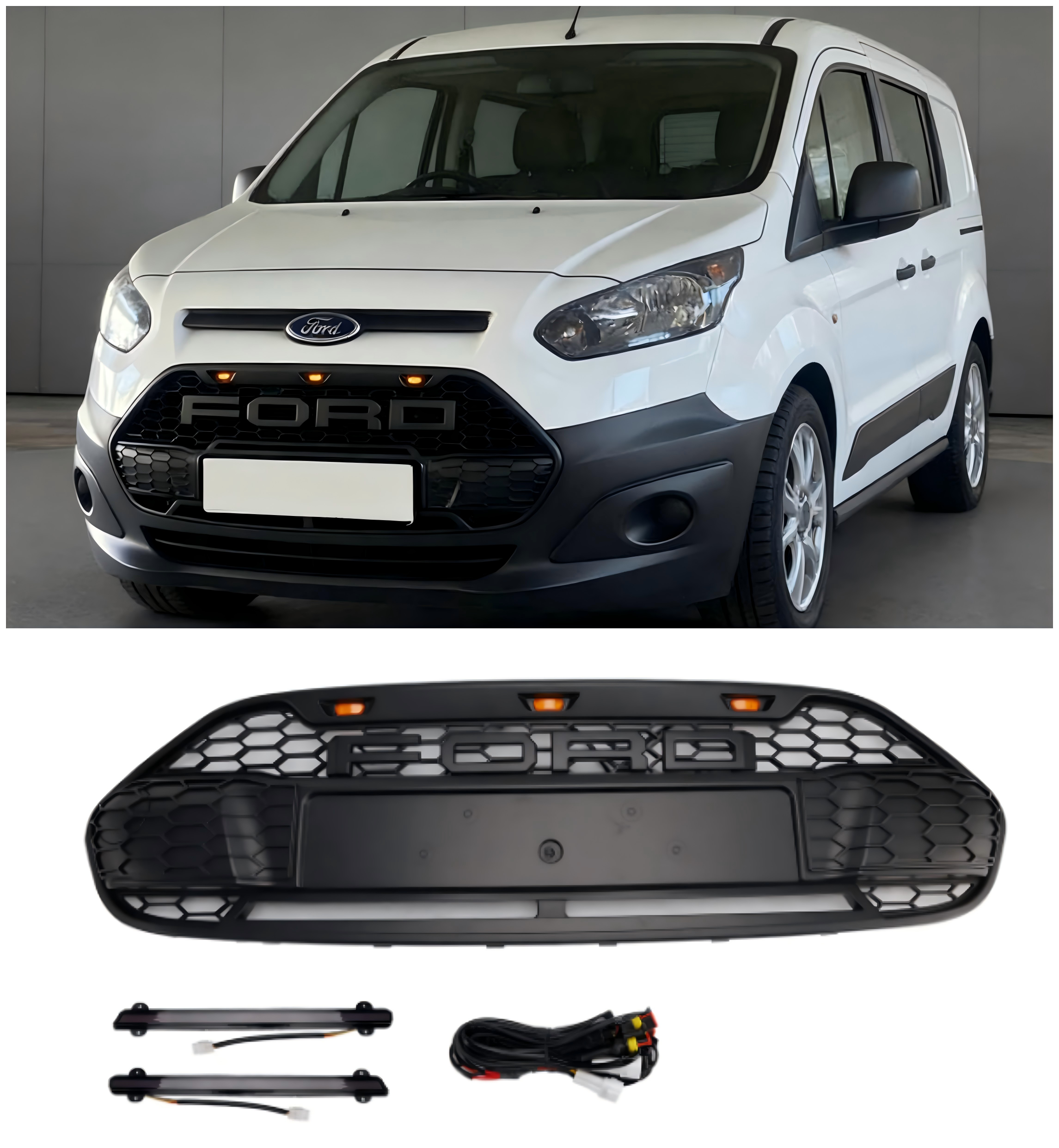 Zwart voorbumpergrillrooster geschikt voor Ford Transit Connect 2014-2018 met LED