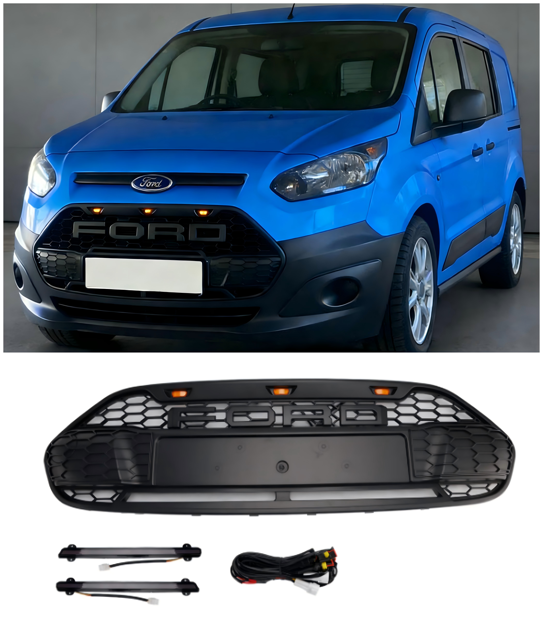 Parrilla de parachoques delantero negra compatible con Ford Transit Connect 2014-2018 con LED