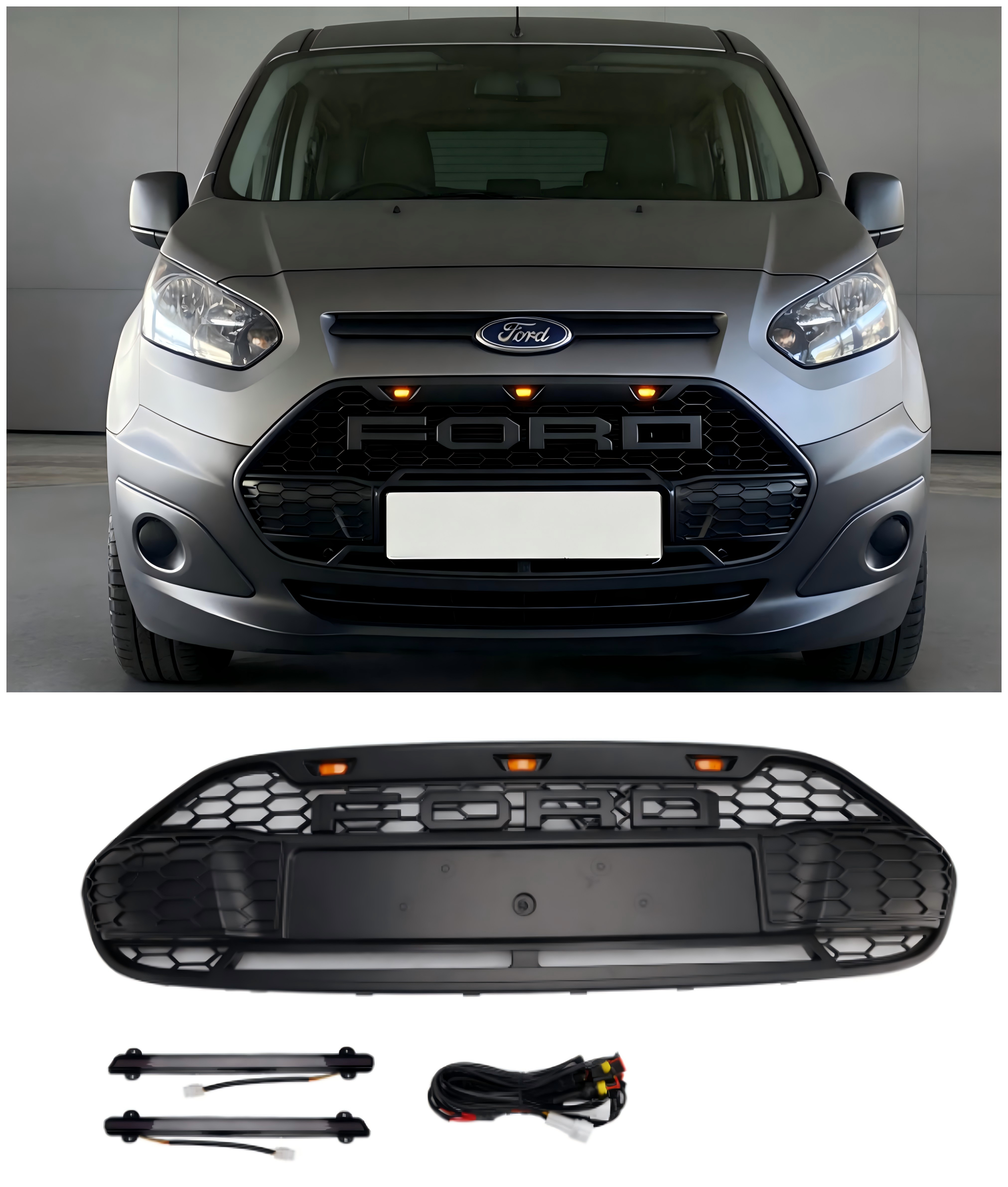 Parrilla de parachoques delantero negra compatible con Ford Transit Connect 2014-2018 con LED