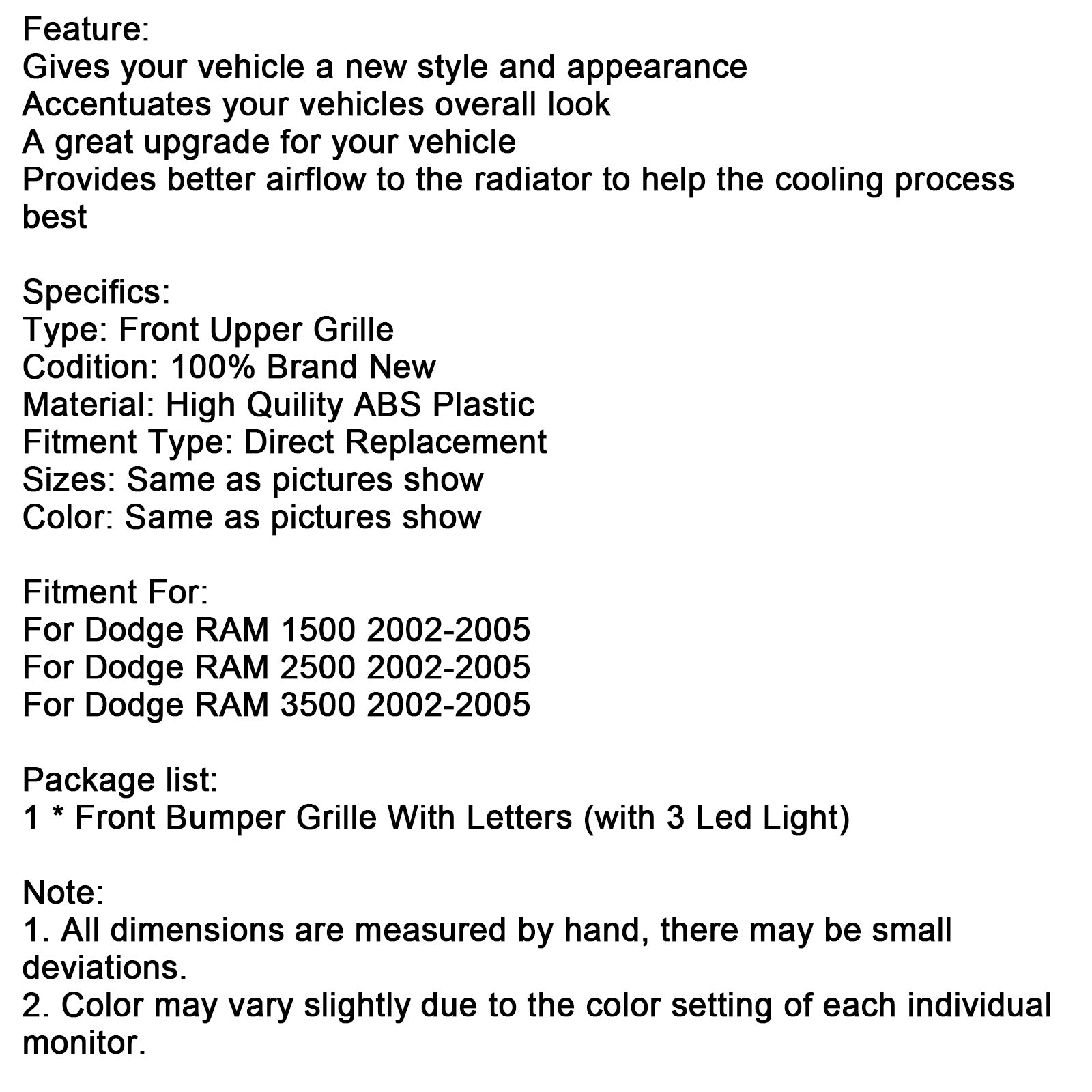 2002-2005 Dodge RAM 1500/2500/3500 Rebel Style Front Bumper Grille Grill