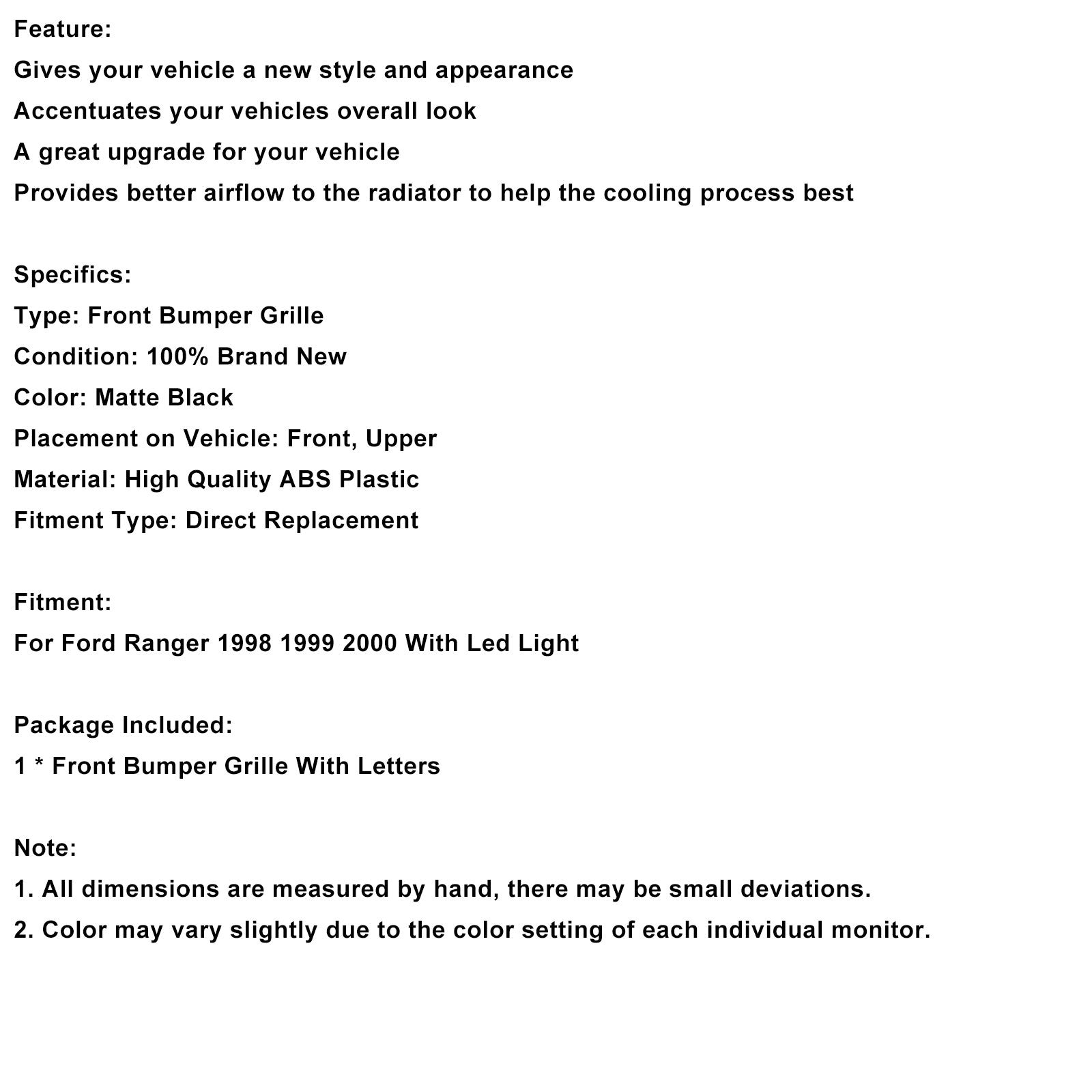 1998-2000 Ford Ranger With LED Light Matt Black Front Bumper Grill Grille