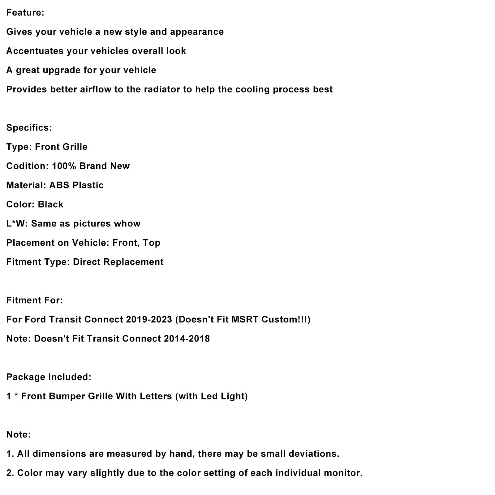 2019-2023 Ford Transit Connect W/LED Black Front Bumper Grill Grille