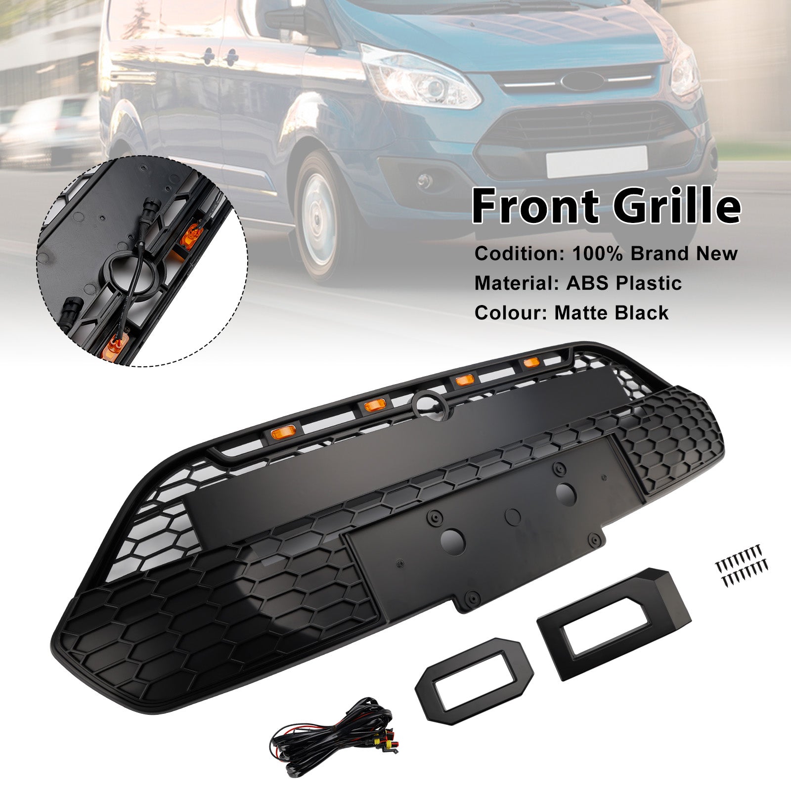 Ford Transit Custom 2013-2017 Matte Black Front Bumper Grille Grill With LED